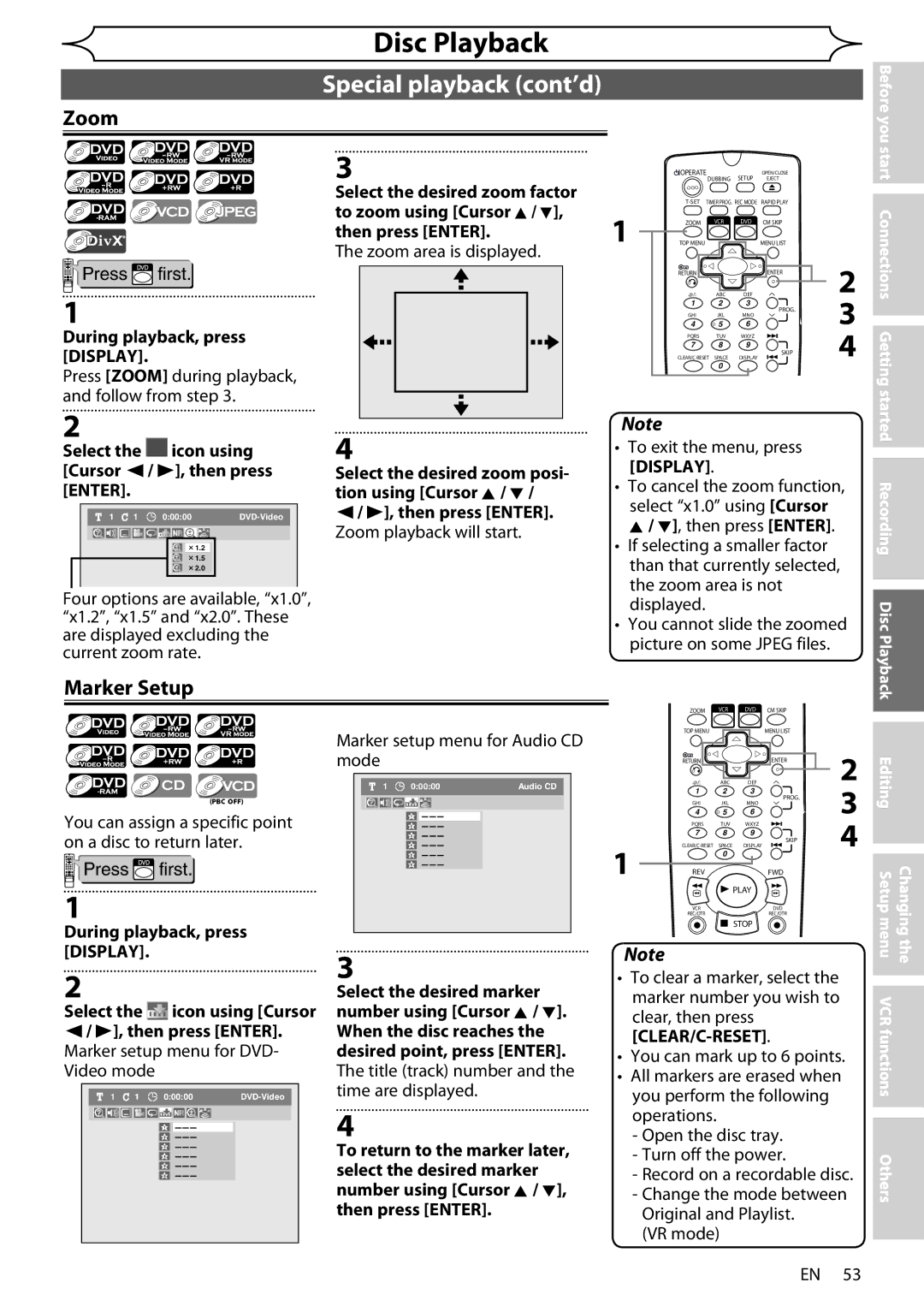 Sharp DV-RW370X Zoom, Marker Setup, During playback, press Display, Select the icon using Cursor / B, then press Enter 