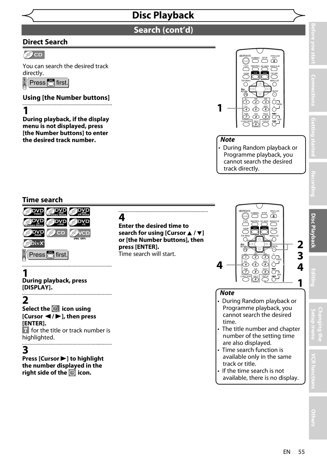 Sharp DV-RW370X operation manual Search cont’d, Direct Search, Time search 