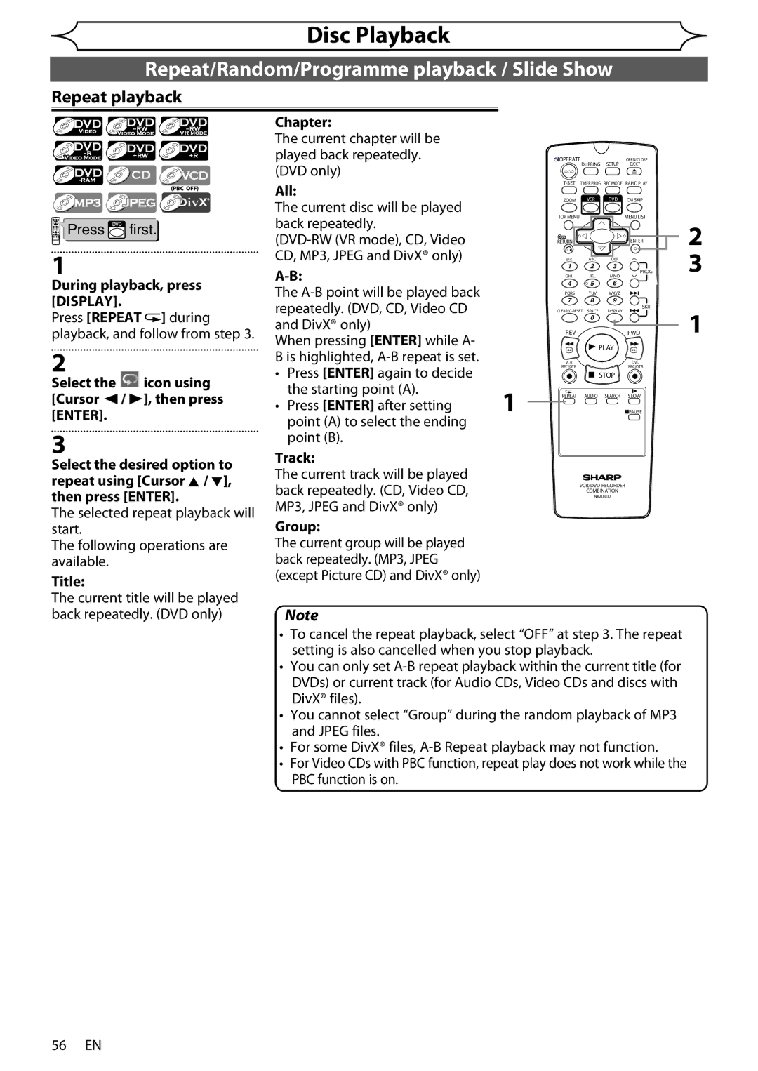 Sharp DV-RW370X operation manual Repeat/Random/Programme playback / Slide Show, Repeat playback 