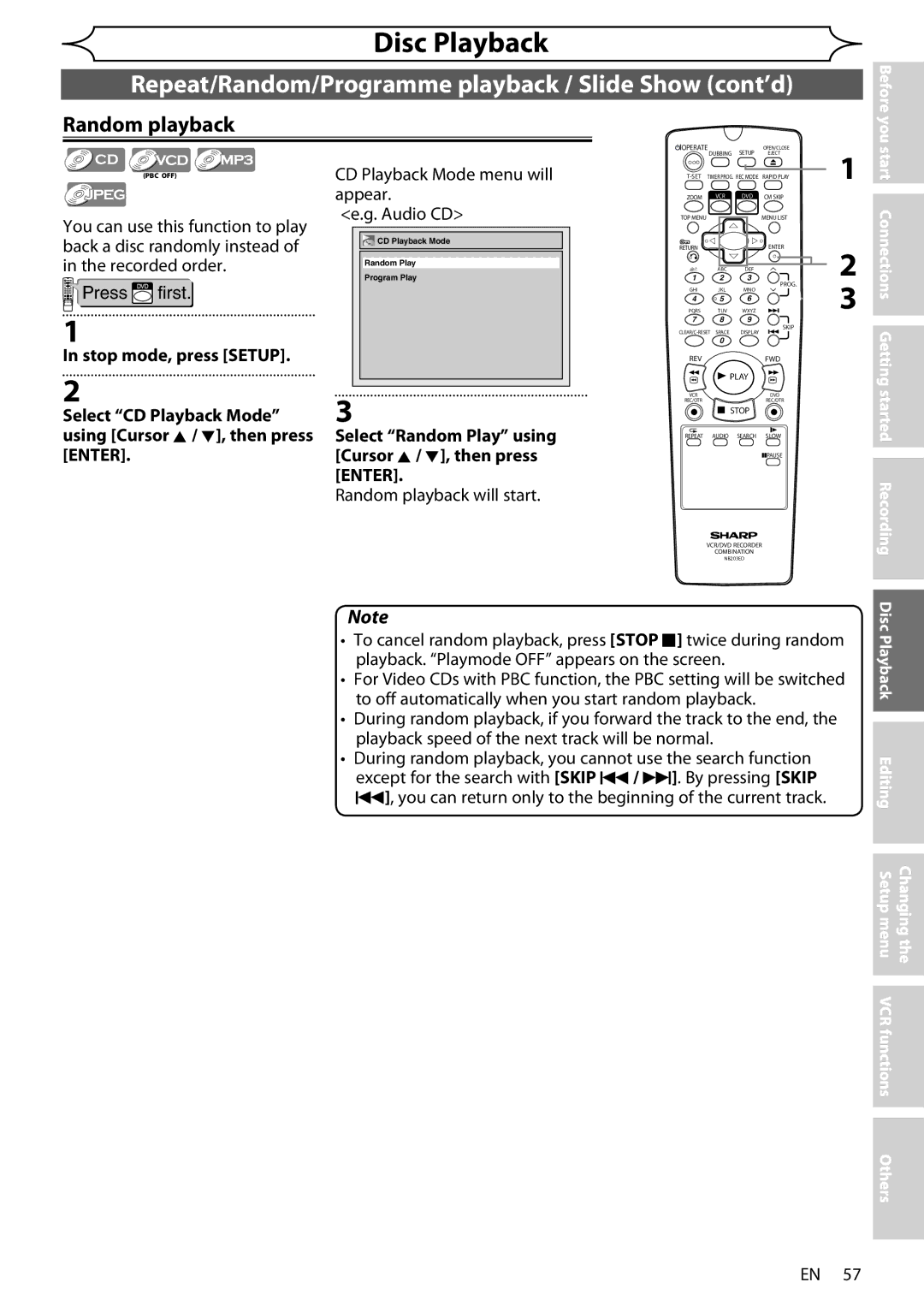 Sharp DV-RW370X operation manual Repeat/Random/Programme playback / Slide Show cont’d, Random playback will start 