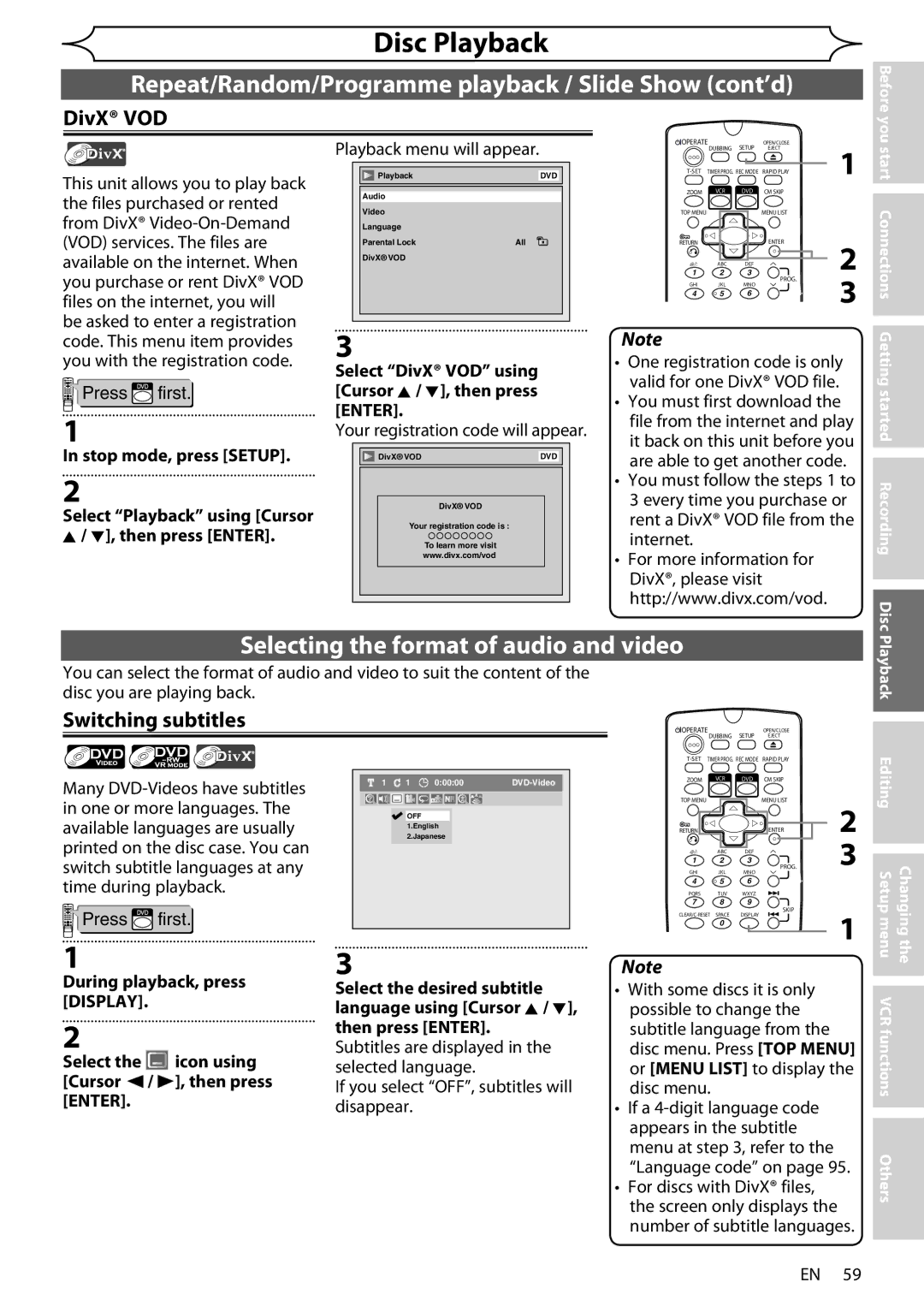 Sharp DV-RW370X operation manual Switching subtitles, Select DivX VOD using, Select Playback using Cursor 