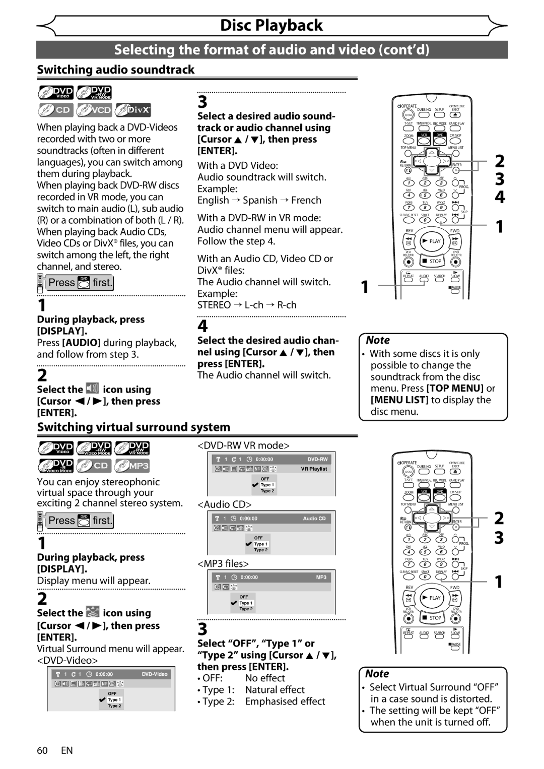 Sharp DV-RW370X operation manual Selecting the format of audio and video cont’d, Switching audio soundtrack 