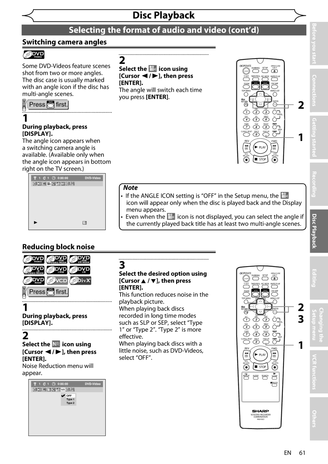 Sharp DV-RW370X operation manual Switching camera angles, Reducing block noise, Icon using, Select Cursor / B, then press 