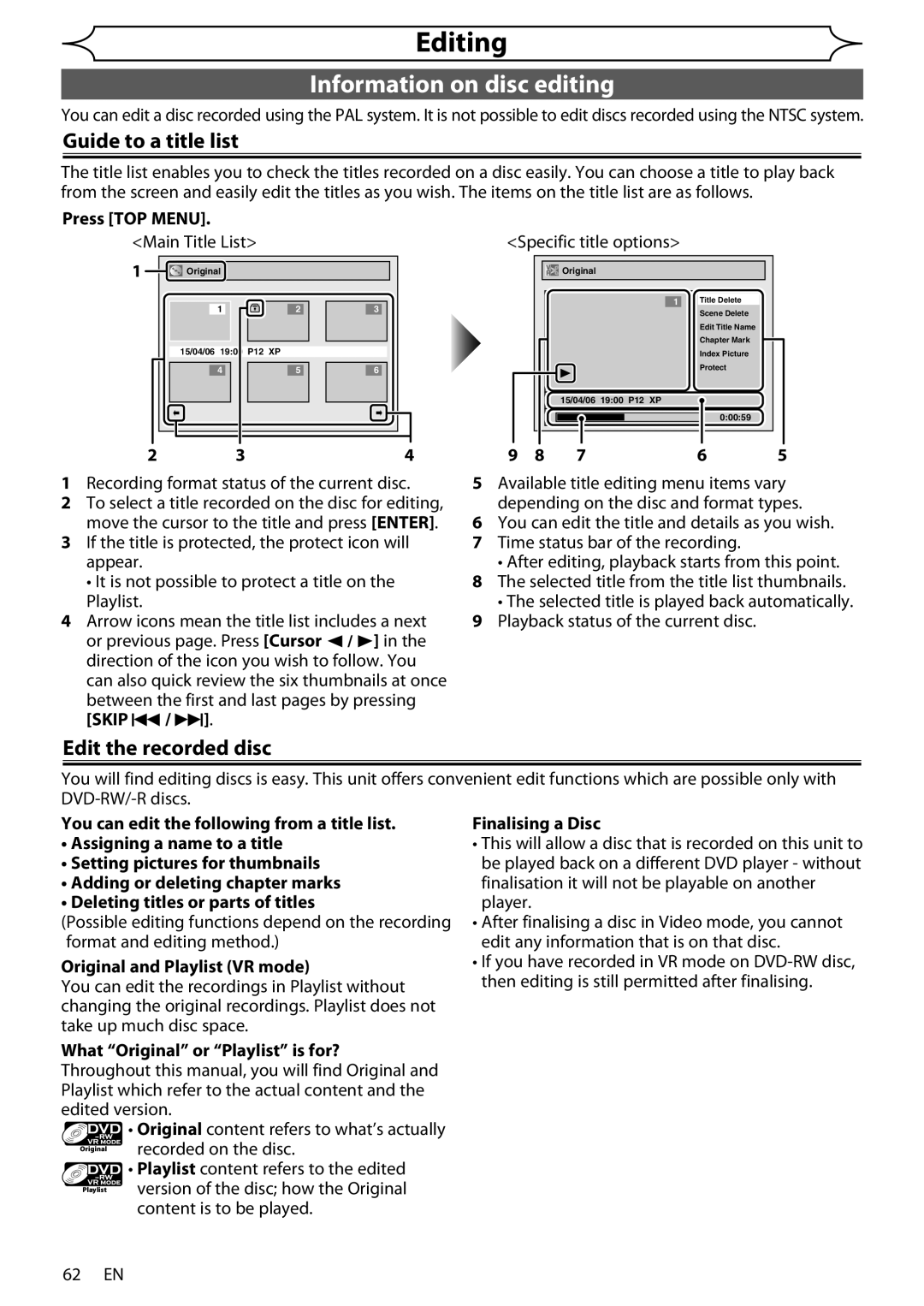 Sharp DV-RW370X Information on disc editing, Guide to a title list, Edit the recorded disc, Original and Playlist VR mode 