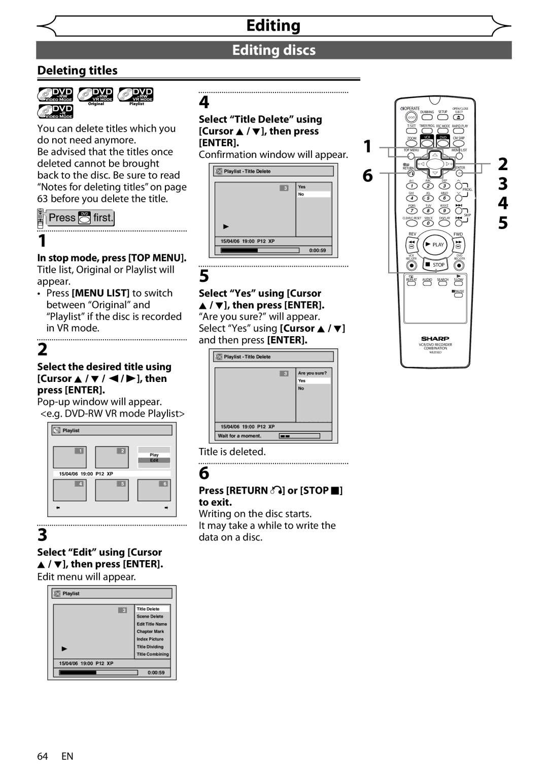 Sharp DV-RW370X operation manual Editing discs, Deleting titles, Select Title Delete using Cursor K / L, then press Enter 