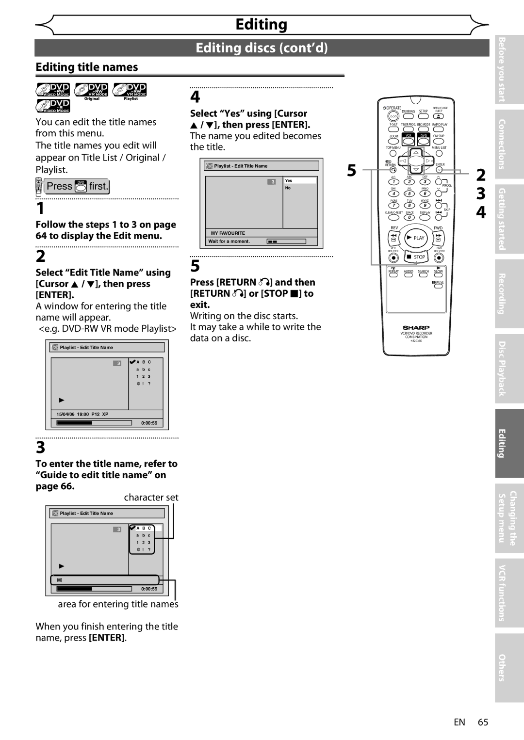 Sharp DV-RW370X Editing discs cont’d, Editing title names, Select Edit Title Name using Cursor K / L, then press Enter 