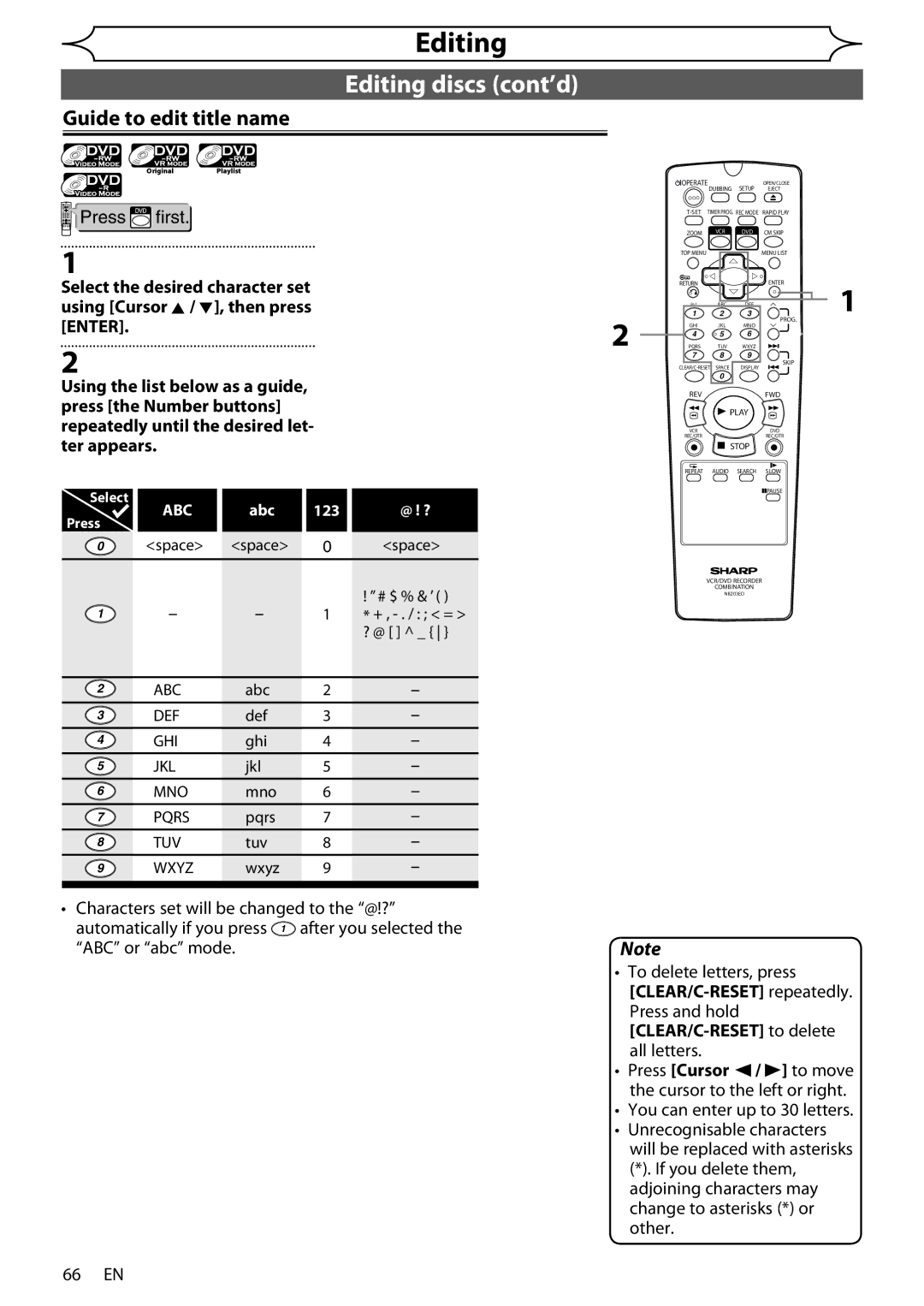 Sharp DV-RW370X operation manual Guide to edit title name, Abc 123 