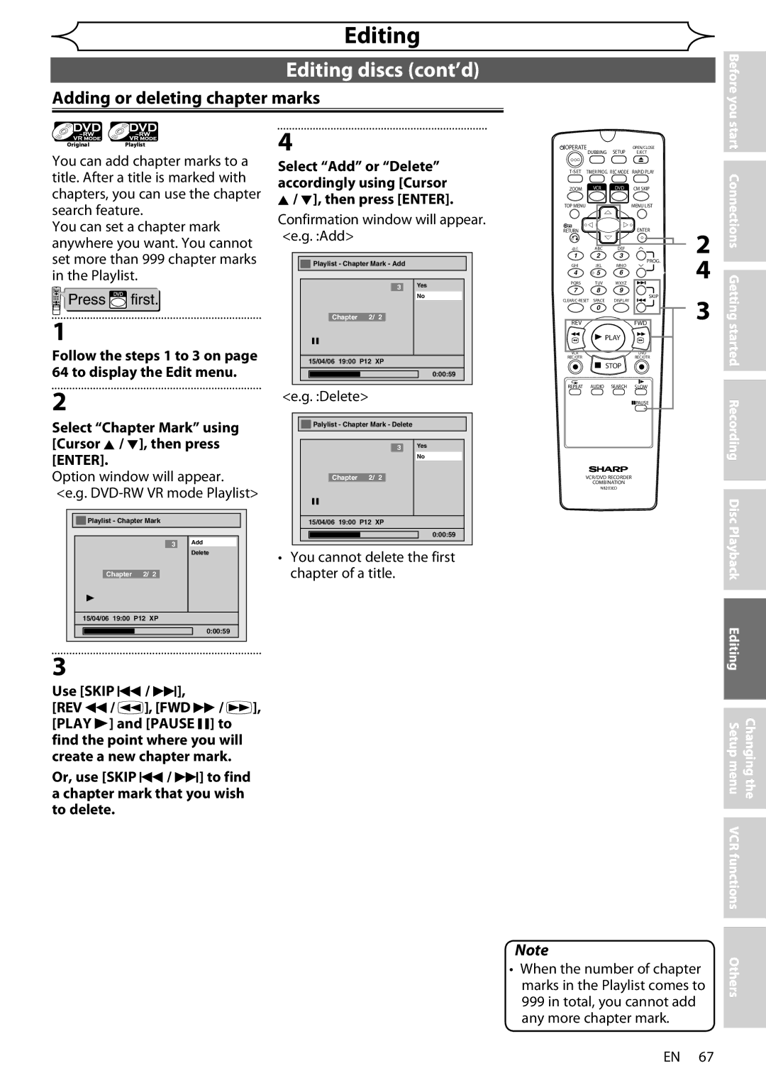 Sharp DV-RW370X Adding or deleting chapter marks, Select Chapter Mark using Cursor K / L, then press Enter, Delete 