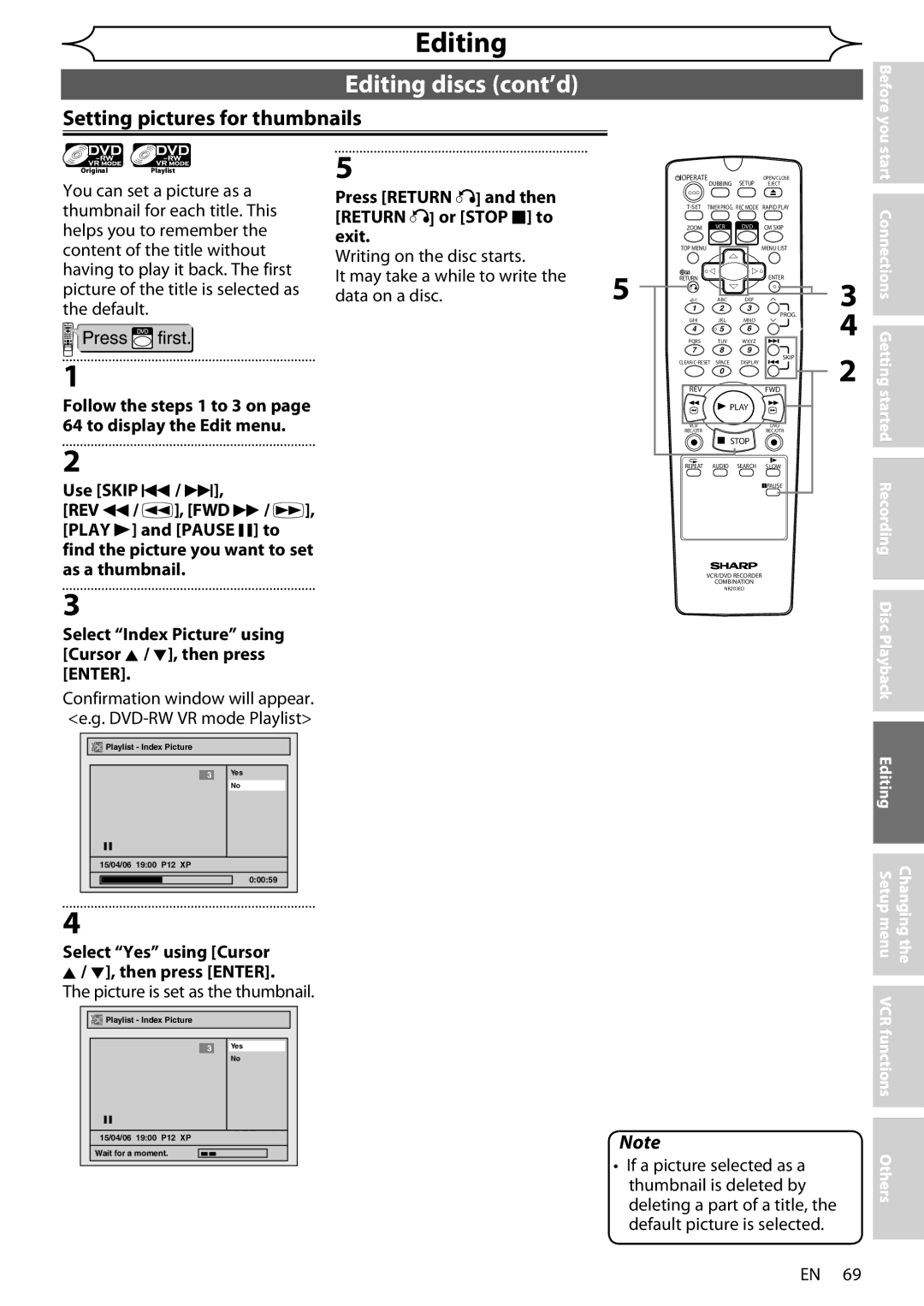 Sharp DV-RW370X operation manual Setting pictures for thumbnails, Picture is set as the thumbnail 