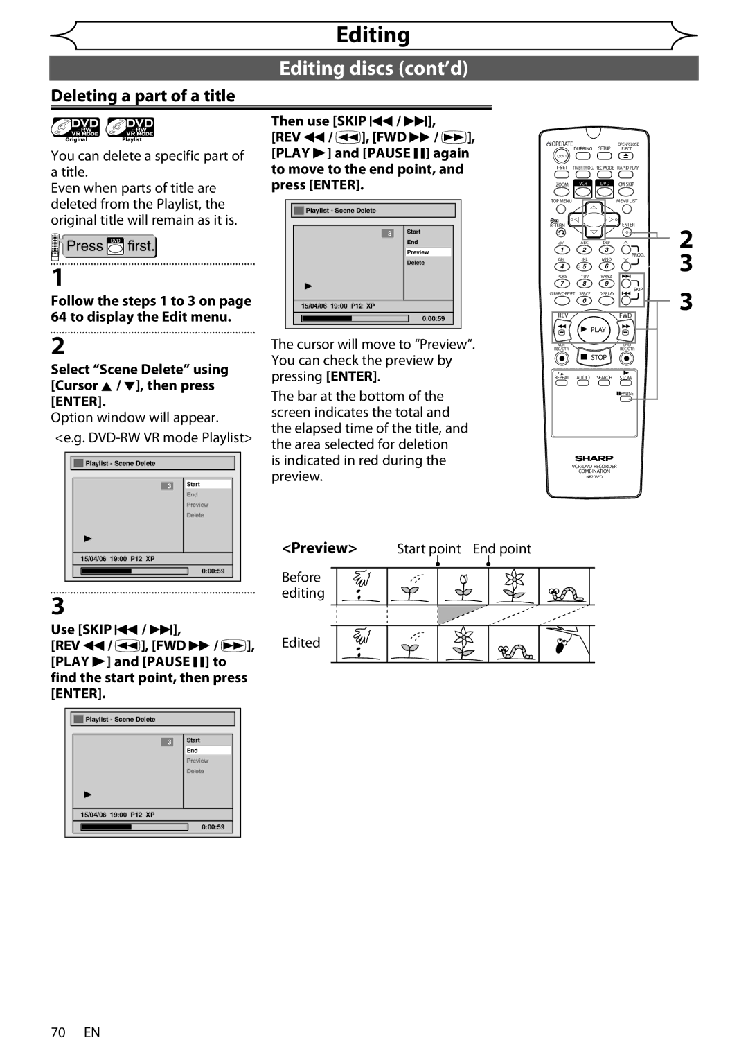 Sharp DV-RW370X operation manual Deleting a part of a title, Select Scene Delete using Cursor K / L, then press Enter 