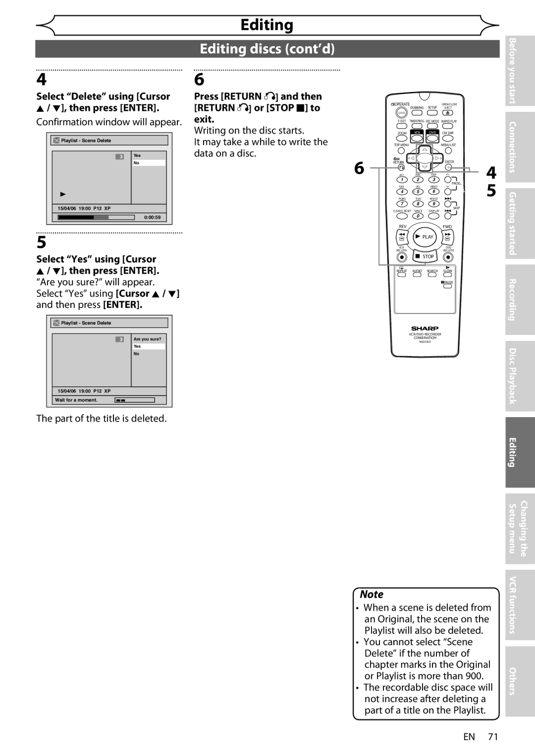 Sharp DV-RW370X Part of the title is deleted, Or Playlist is more than, Select Delete using Cursor K / L, then press Enter 