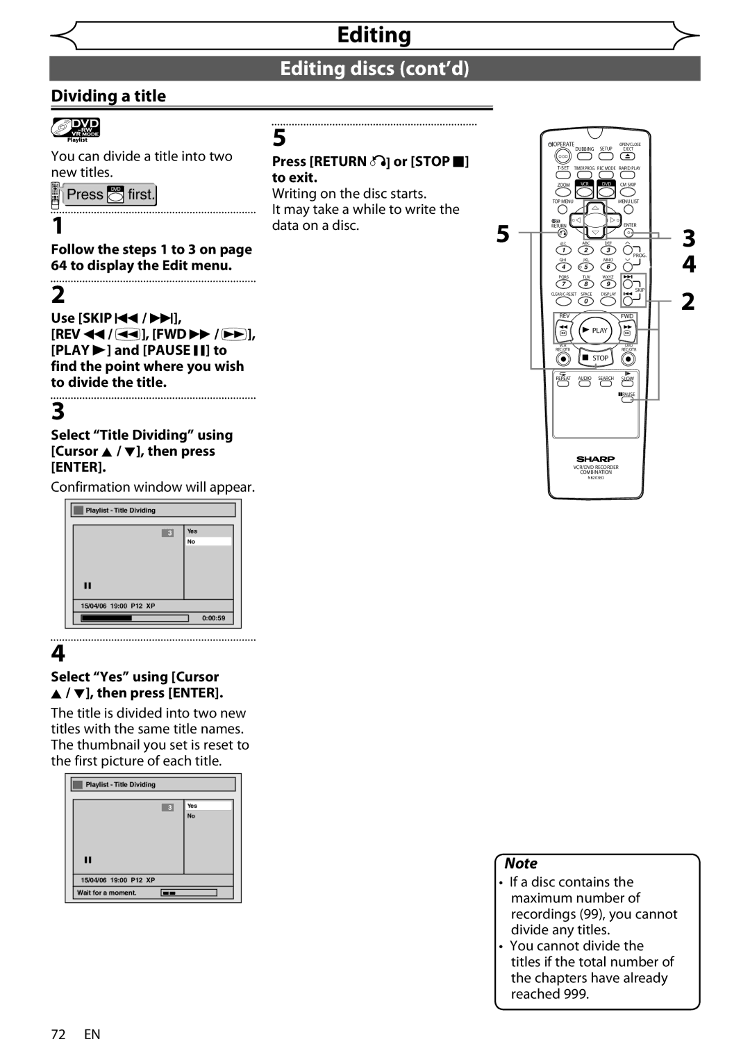 Sharp DV-RW370X operation manual Dividing a title, You can divide a title into two new titles Press first 