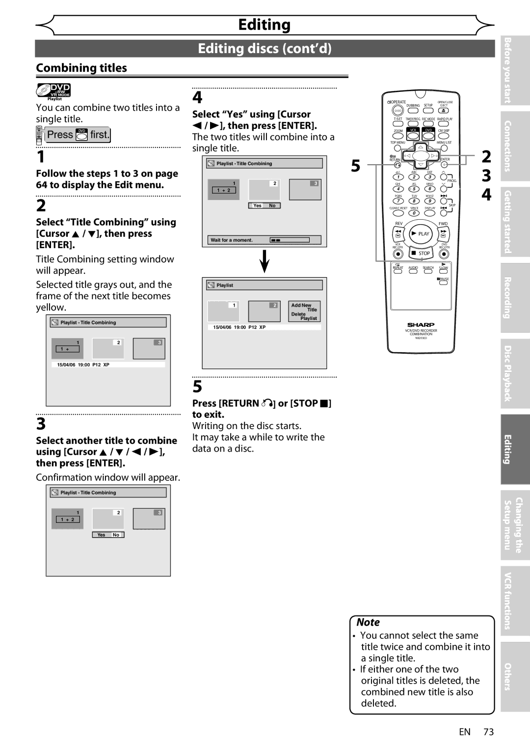 Sharp DV-RW370X Combining titles, You can combine two titles into a single title Press first, If either one of the two 