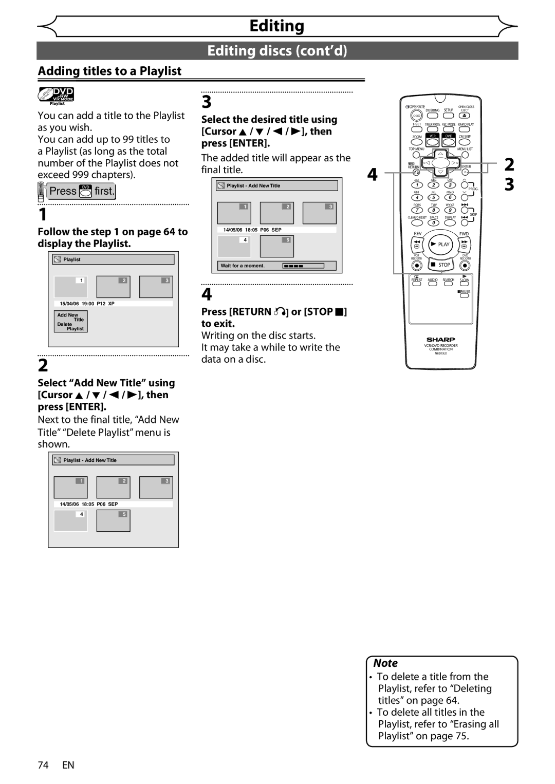 Sharp DV-RW370X operation manual Adding titles to a Playlist, Follow the on page 64 to display the Playlist 