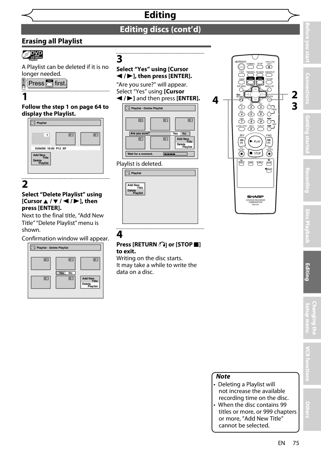 Sharp DV-RW370X Erasing all Playlist, Playlist is deleted, Deleting a Playlist will Not increase the available 