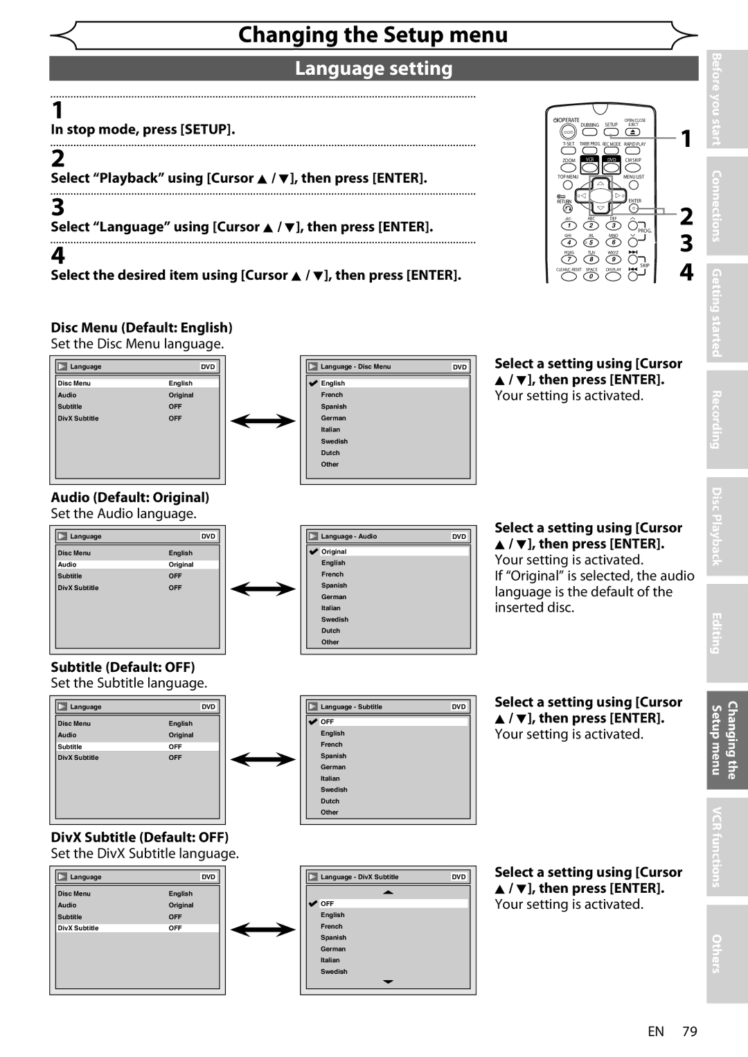 Sharp DV-RW370X Language setting, Select a setting using Cursor, Audio Default Original, Subtitle Default OFF 