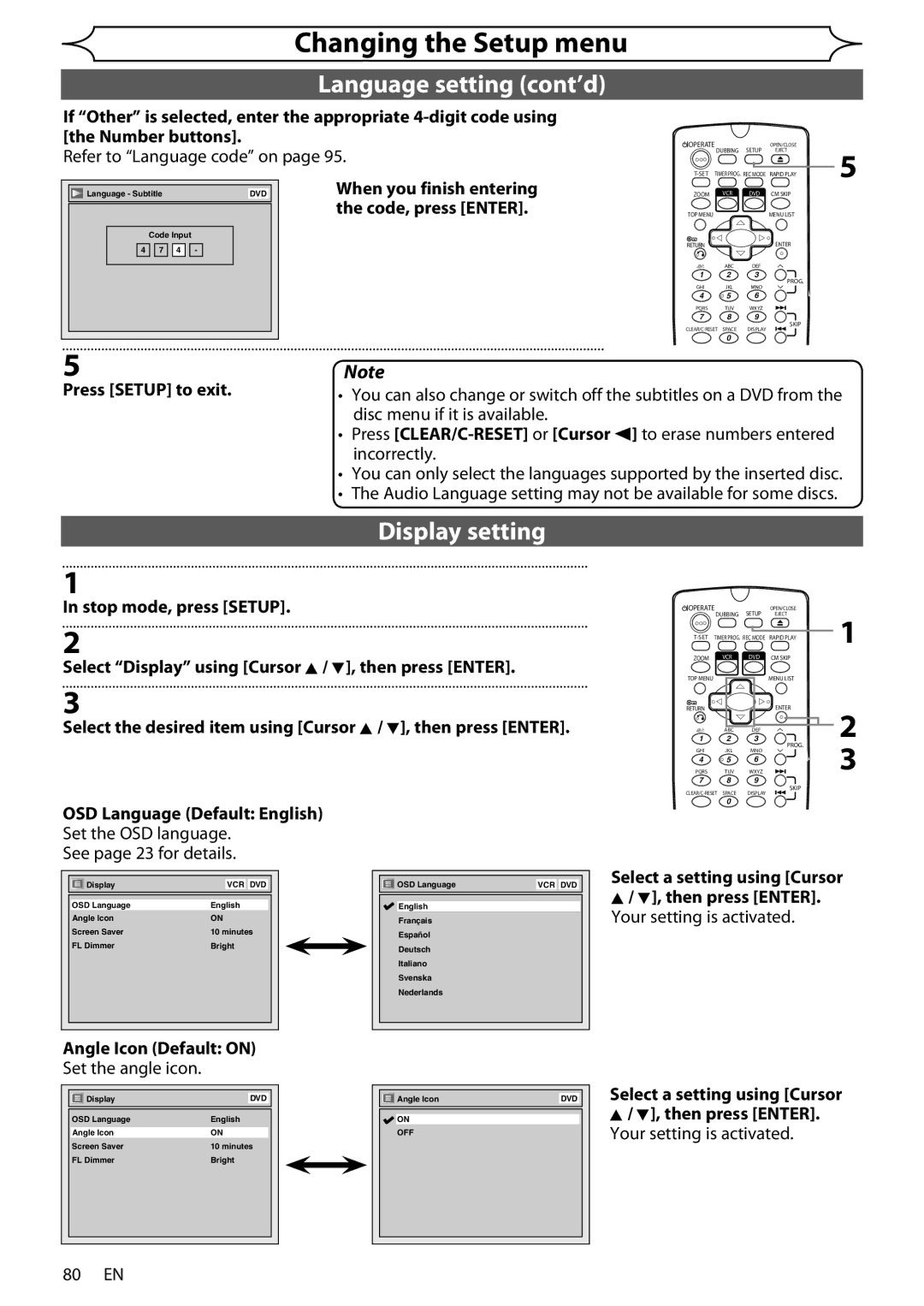 Sharp DV-RW370X operation manual Language setting cont’d, Display setting, Angle Icon Default on 