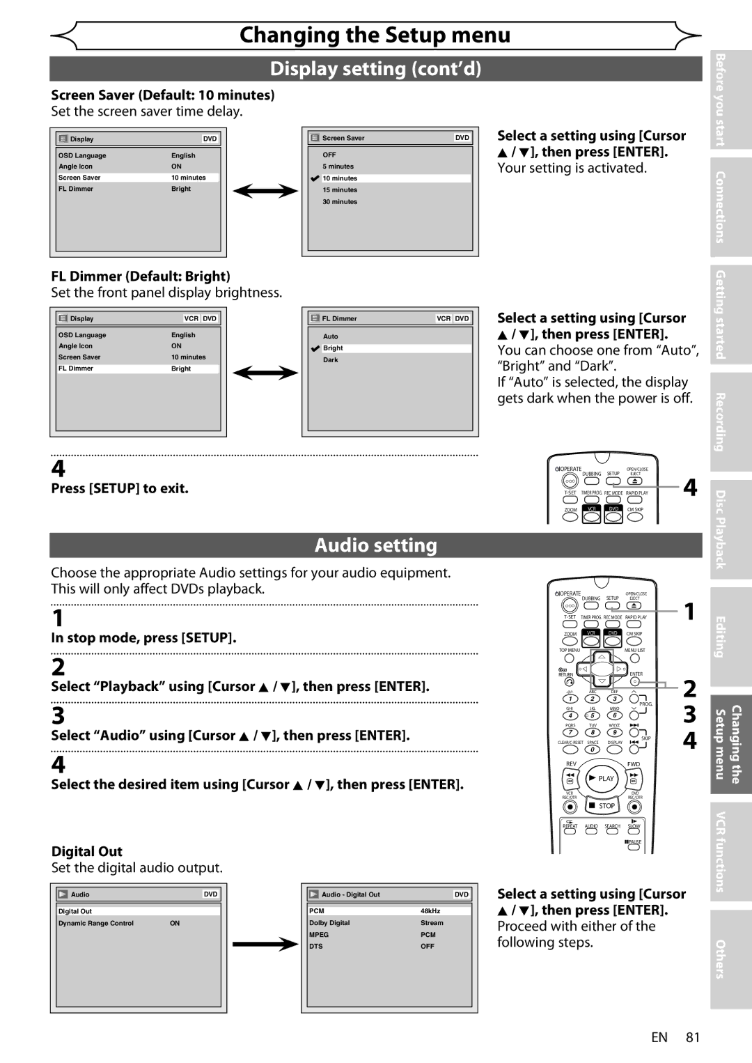 Sharp DV-RW370X Display setting cont’d, Audio setting, Screen Saver Default 10 minutes, FL Dimmer Default Bright 