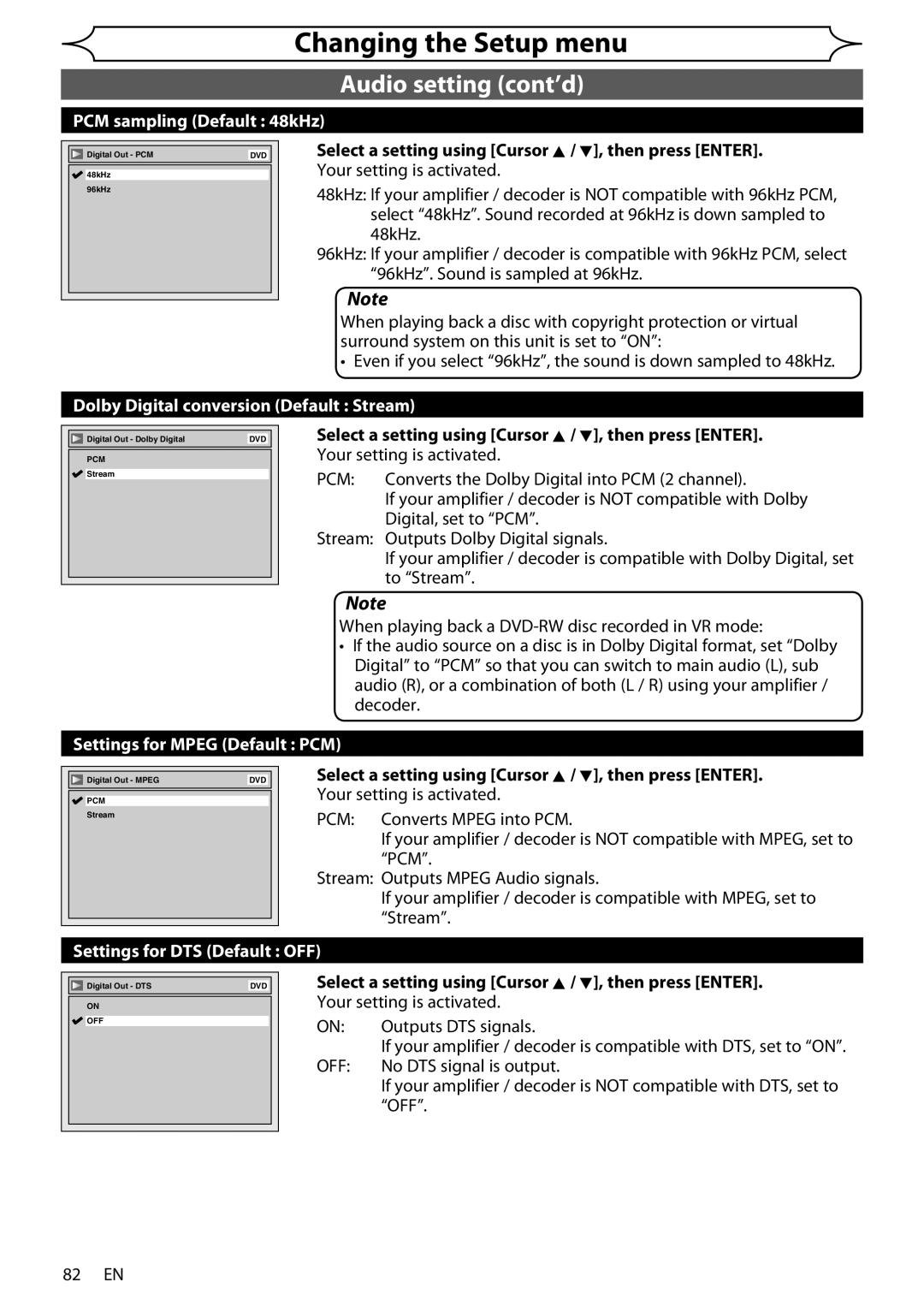 Sharp DV-RW370X operation manual Audio setting cont’d, Select a setting using Cursor K / L, then press Enter 