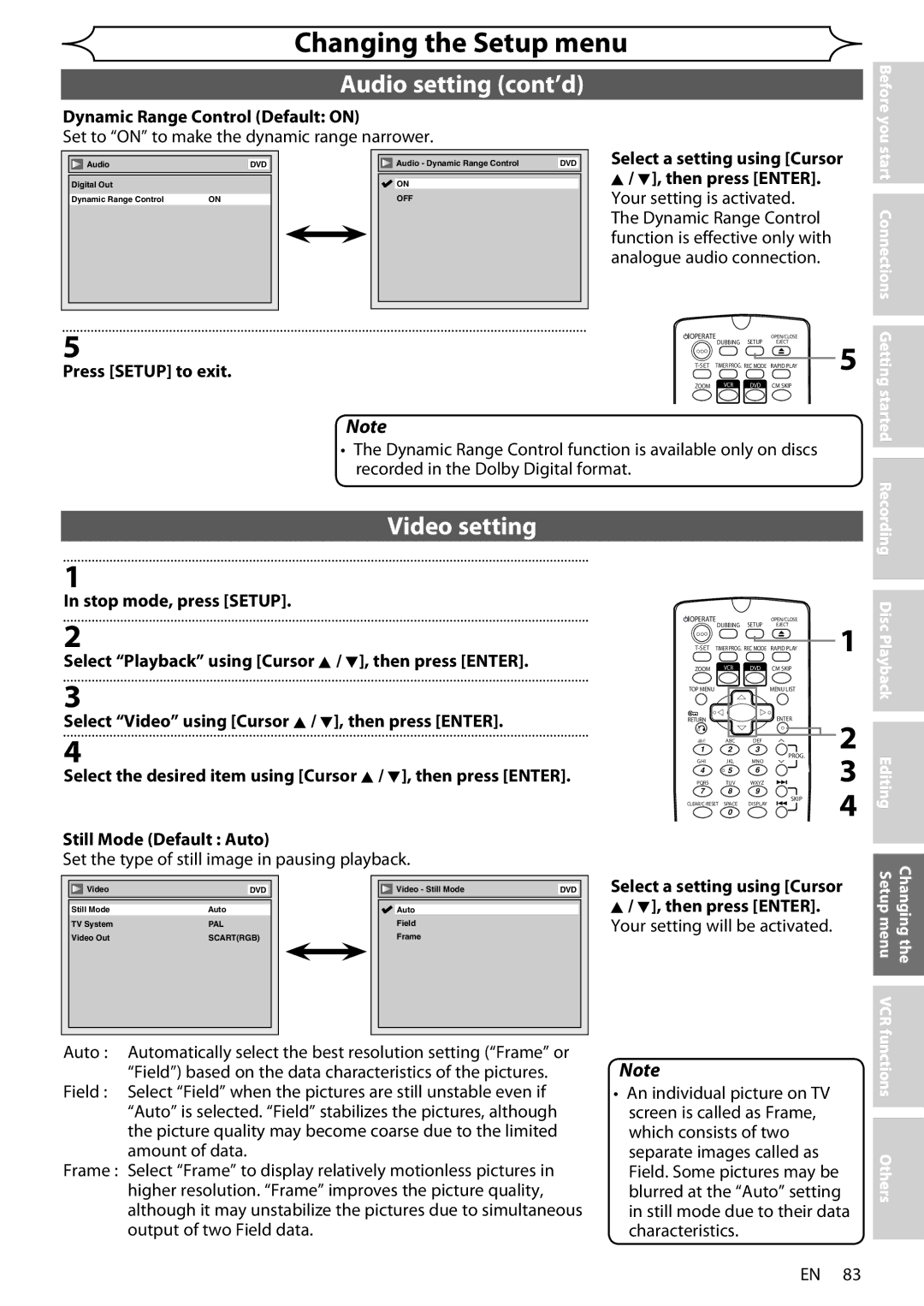 Sharp DV-RW370X operation manual Video setting, Dynamic Range Control Default on 