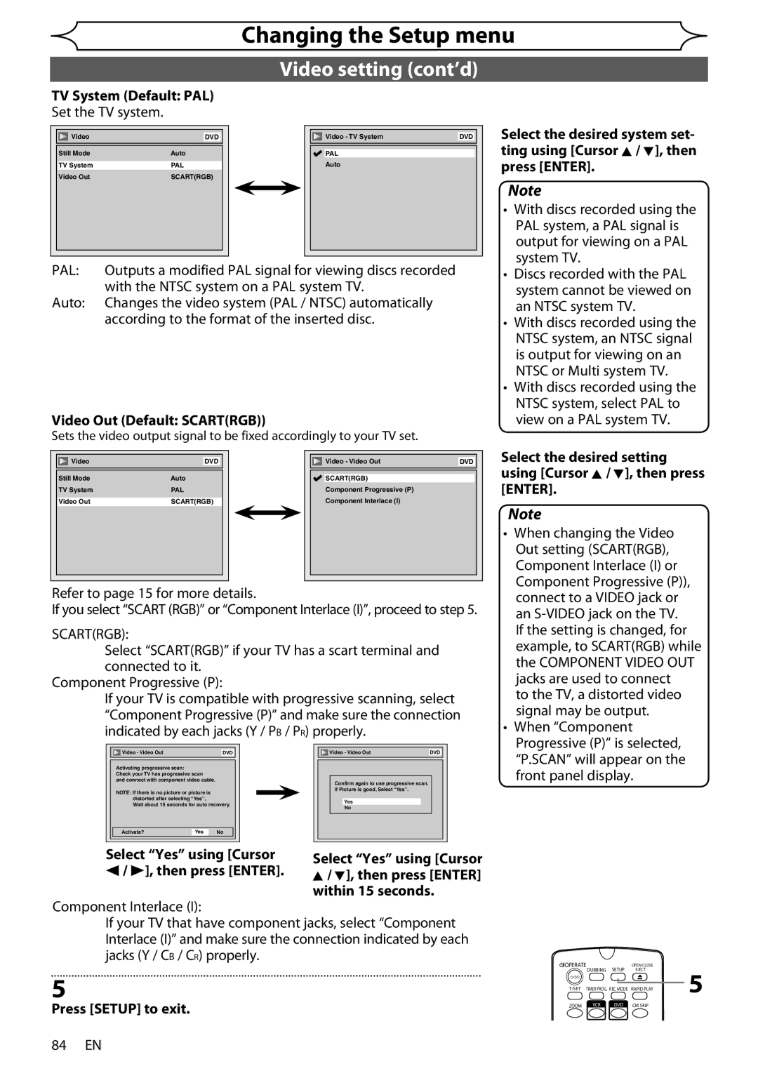 Sharp DV-RW370X operation manual Video setting cont’d, TV System Default PAL Set the TV system, Video Out Default Scartrgb 