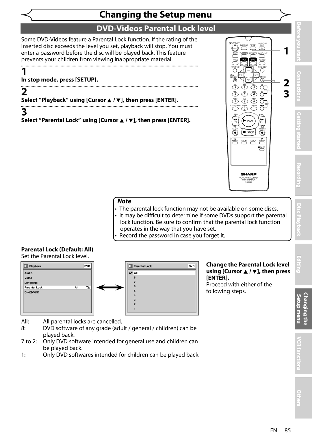 Sharp DV-RW370X DVD-Videos Parental Lock level, Select Parental Lock using Cursor K / L, then press Enter, All 