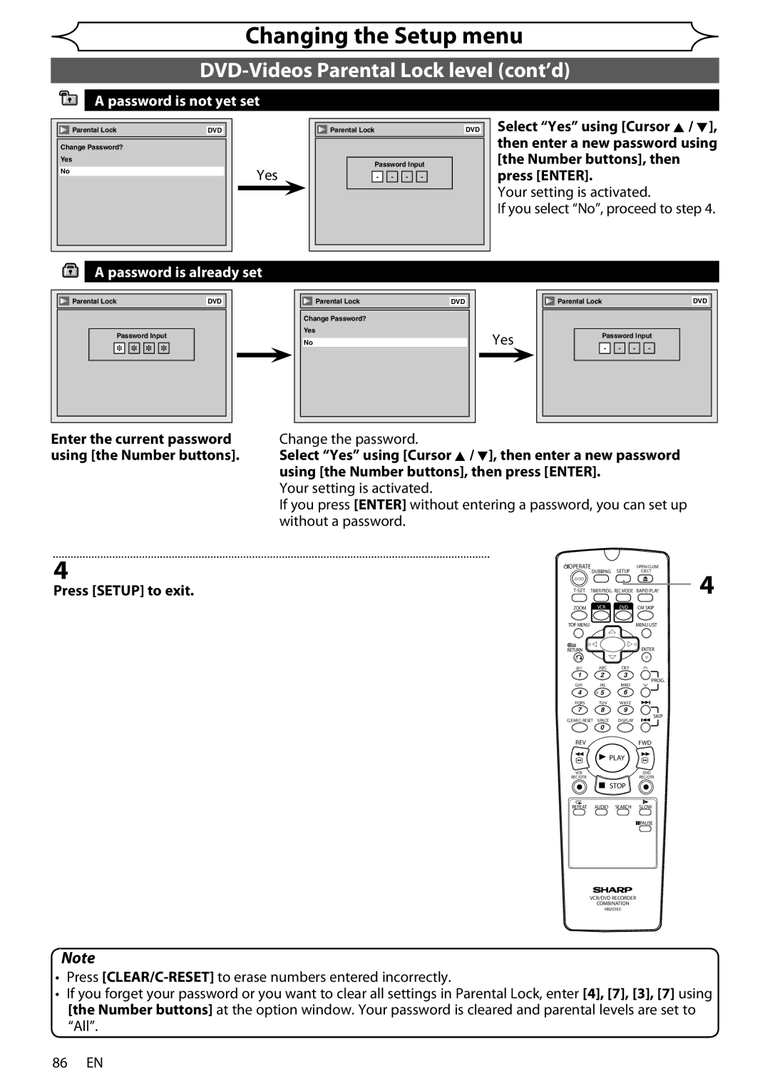 Sharp DV-RW370X DVD-Videos Parental Lock level cont’d, Yes, Your setting is activated If you select No, proceed to step 