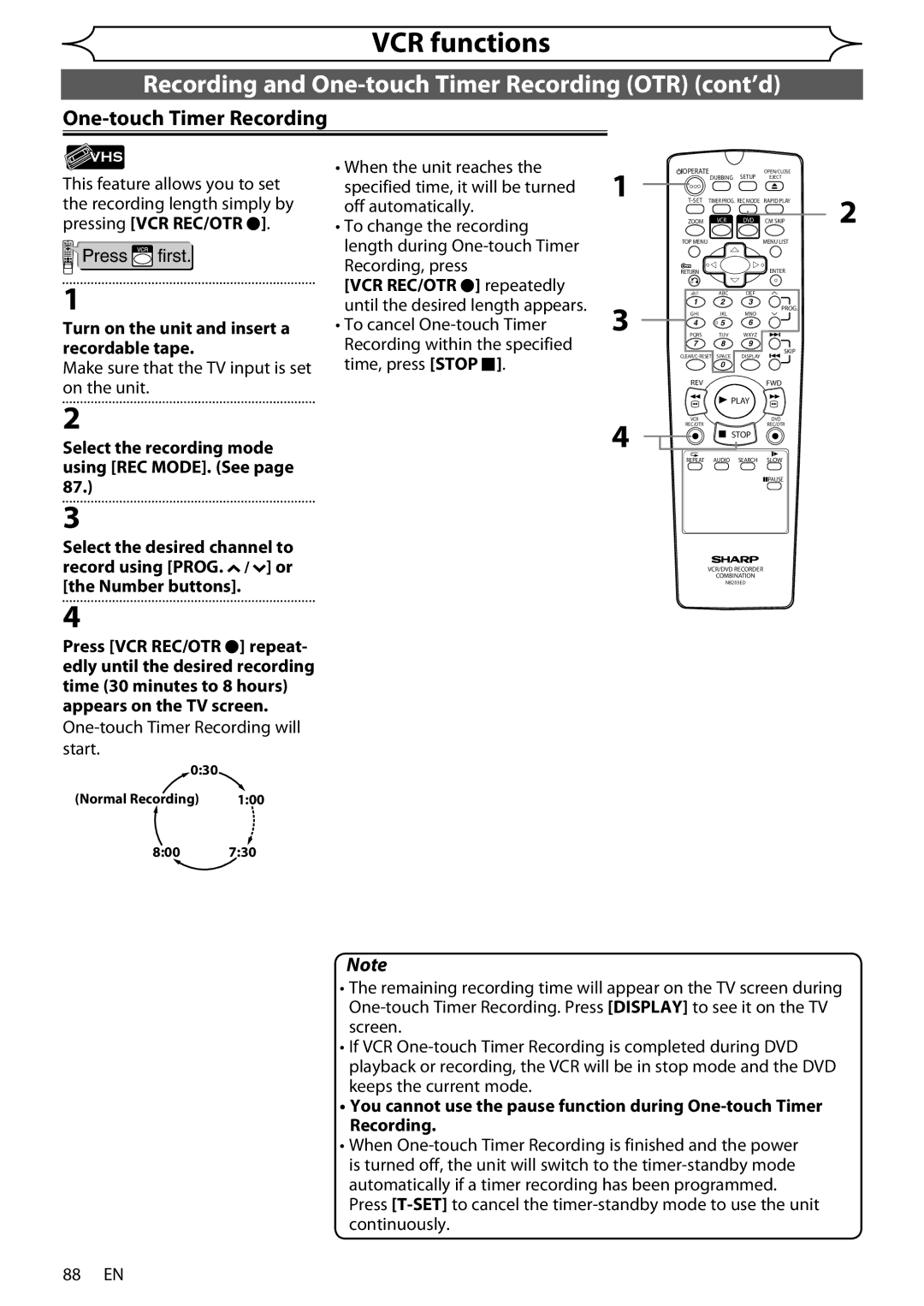 Sharp DV-RW370X Recording and One-touch Timer Recording OTR cont’d, Turn on the unit and insert a recordable tape 