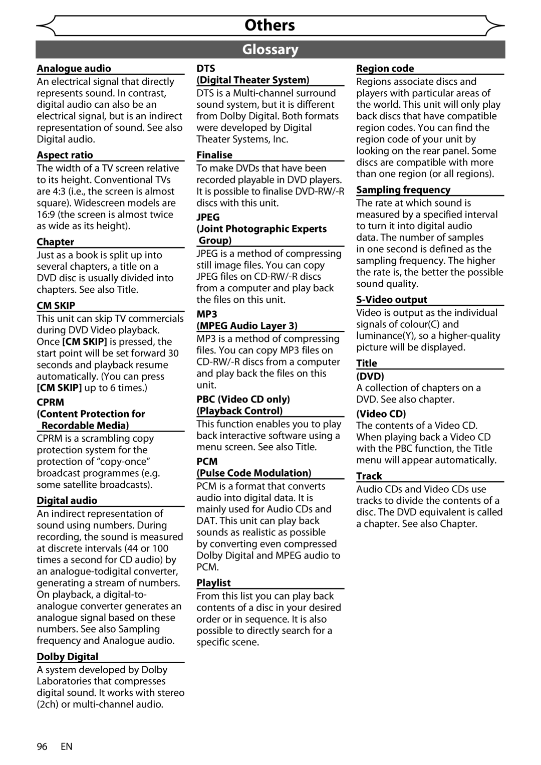 Sharp DV-RW370X operation manual Glossary, Cprm, Dts, Jpeg, MP3 