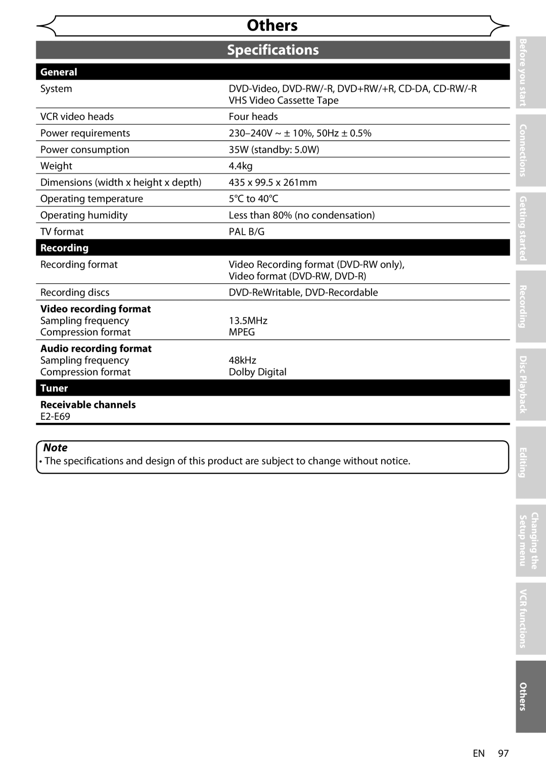 Sharp DV-RW370X operation manual Specifications, Video recording format, Audio recording format, Receivable channels 