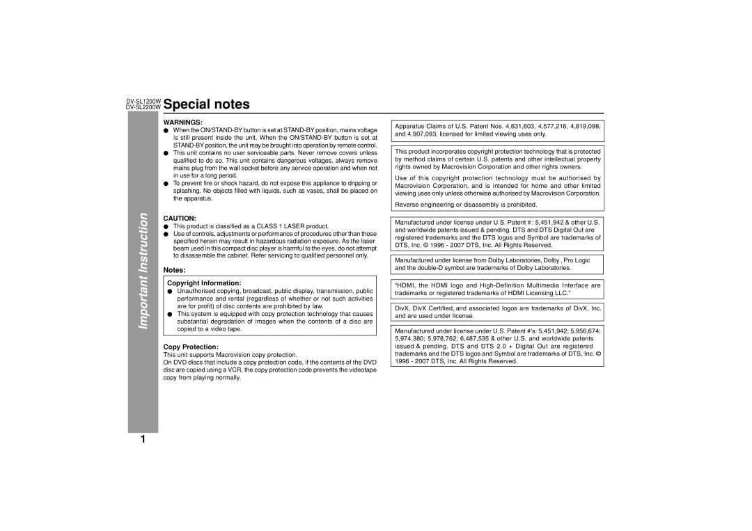 Sharp DV-SL2200W, DV-SL1200W operation manual Special notes, Important Instruction 