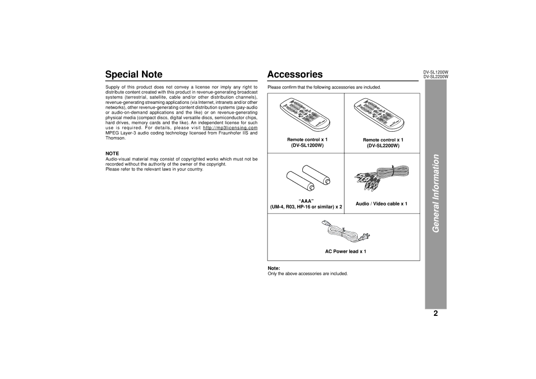 Sharp DV-SL1200W, DV-SL2200W operation manual Special Note, Accessories, Information, General, UM-4, R03, HP-16 or similar x 