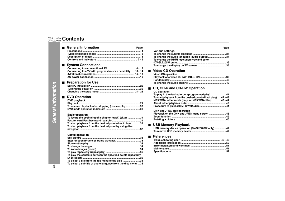 Sharp DV-SL2200W, DV-SL1200W operation manual Contents 