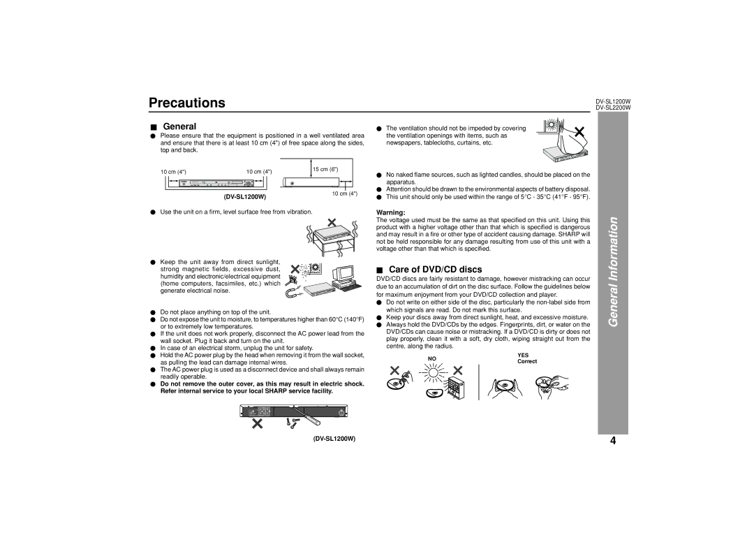 Sharp DV-SL1200W, DV-SL2200W operation manual Precautions, General, Care of DVD/CD discs, Centre, along the radius 