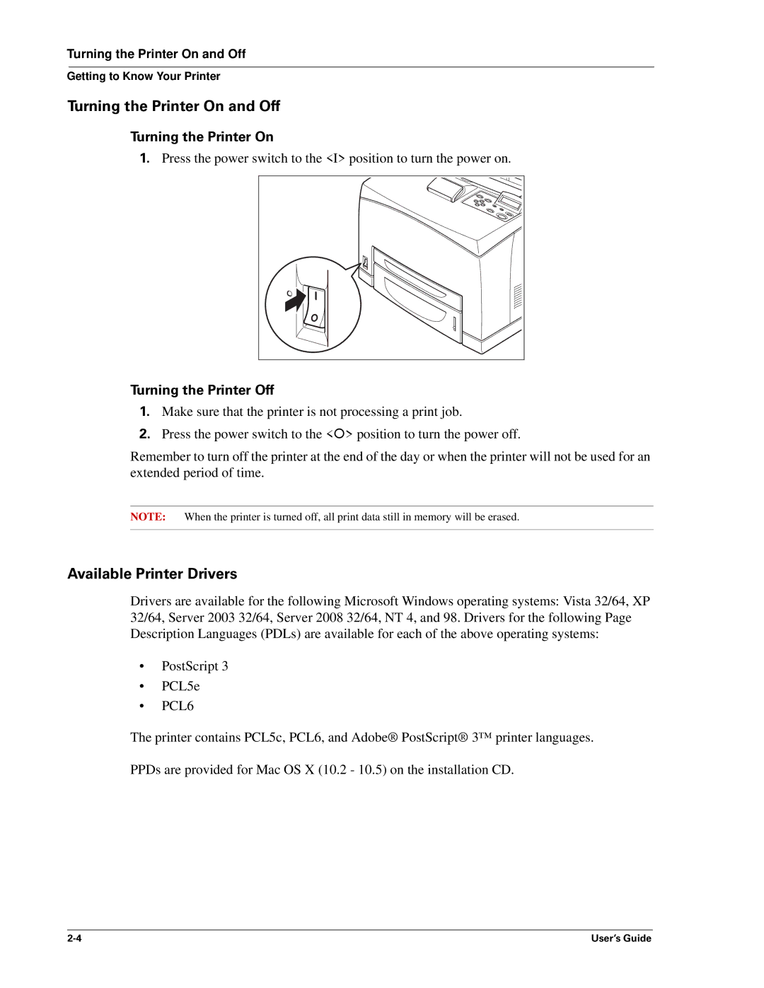 Sharp DX-B350P, DX-B450P manual Turning the Printer On and Off, Available Printer Drivers, Turning the Printer Off 