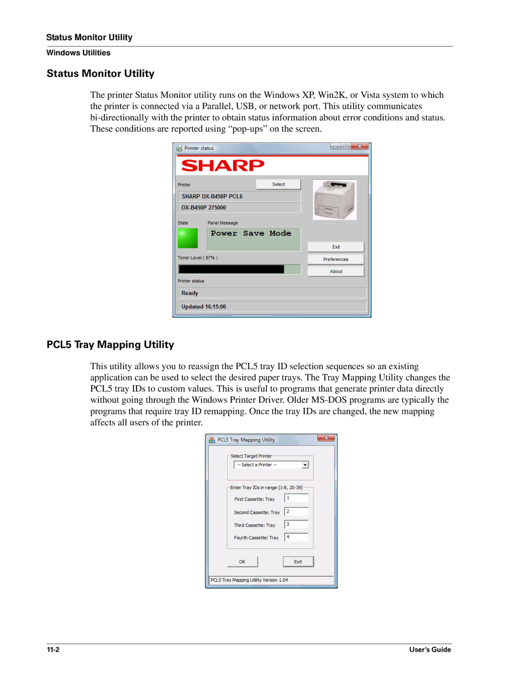 Sharp DX-B350P, DX-B450P manual Status Monitor Utility, PCL5 Tray Mapping Utility 