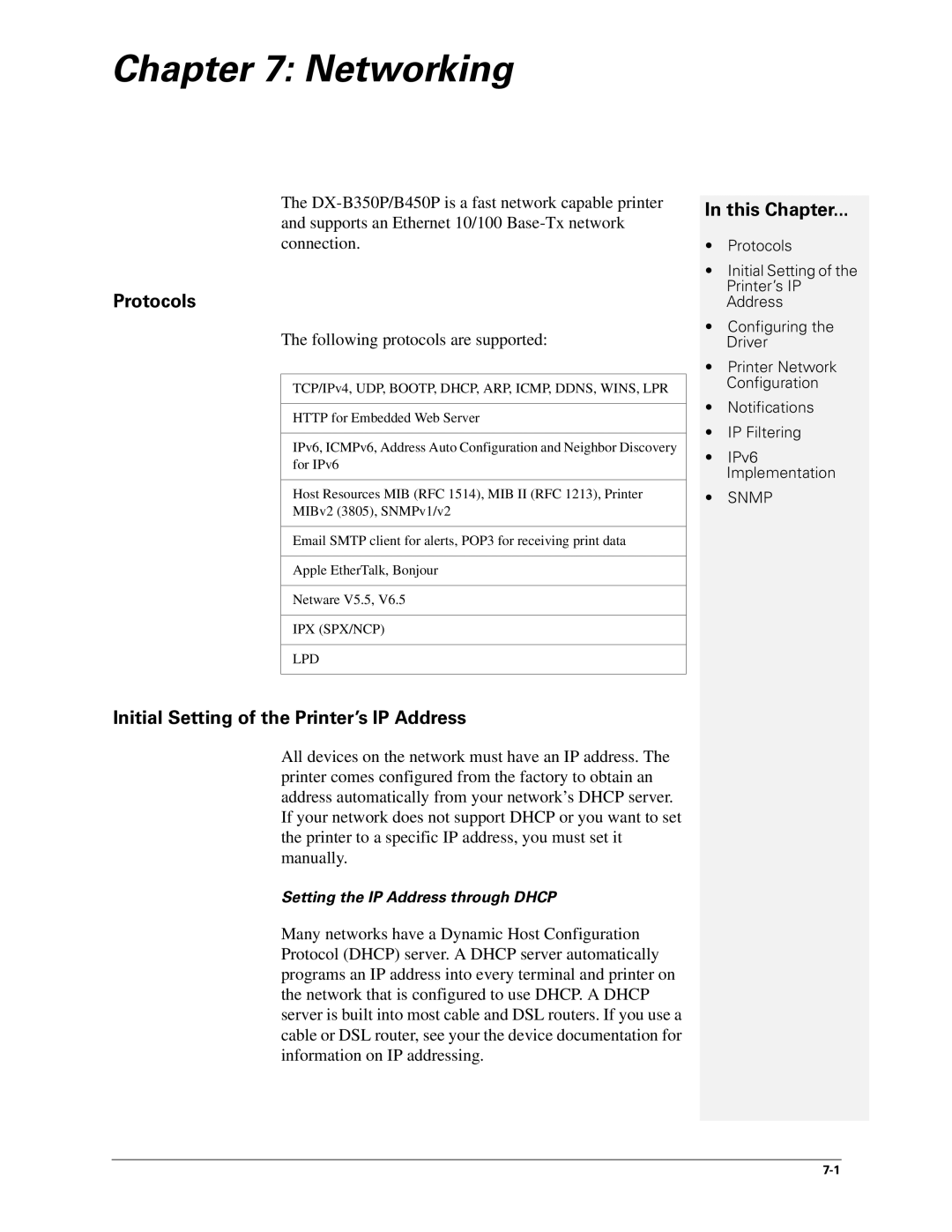 Sharp DX-B450P, DX-B350P manual Protocols, Initial Setting of the Printer’s IP Address 