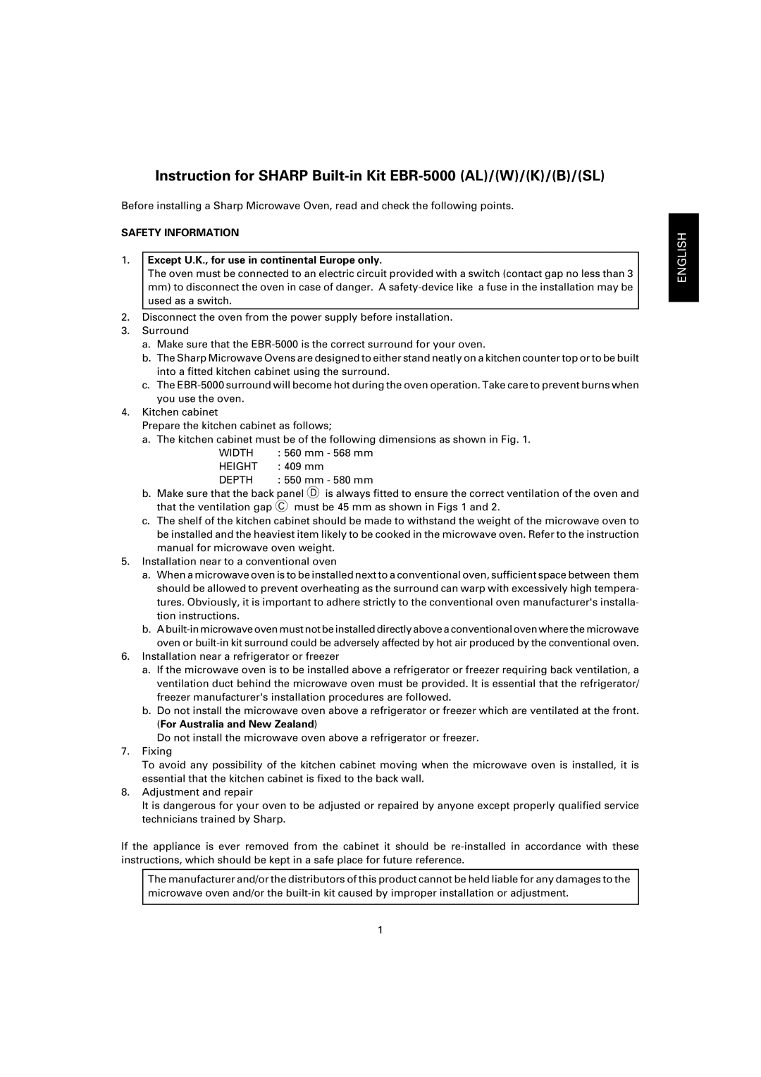 Sharp EBR-5000 dimensions Safety Information, Except U.K., for use in continental Europe only, Width, Height, Depth 