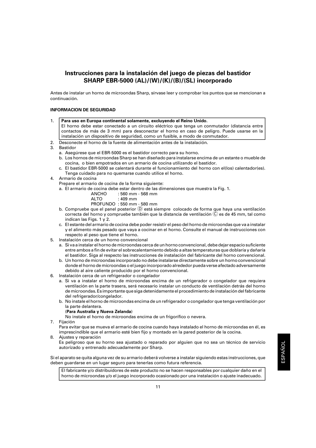 Sharp EBR-5000 dimensions Informacion DE Seguridad, Ancho, Alto, Para Australia y Nueva Zelanda 