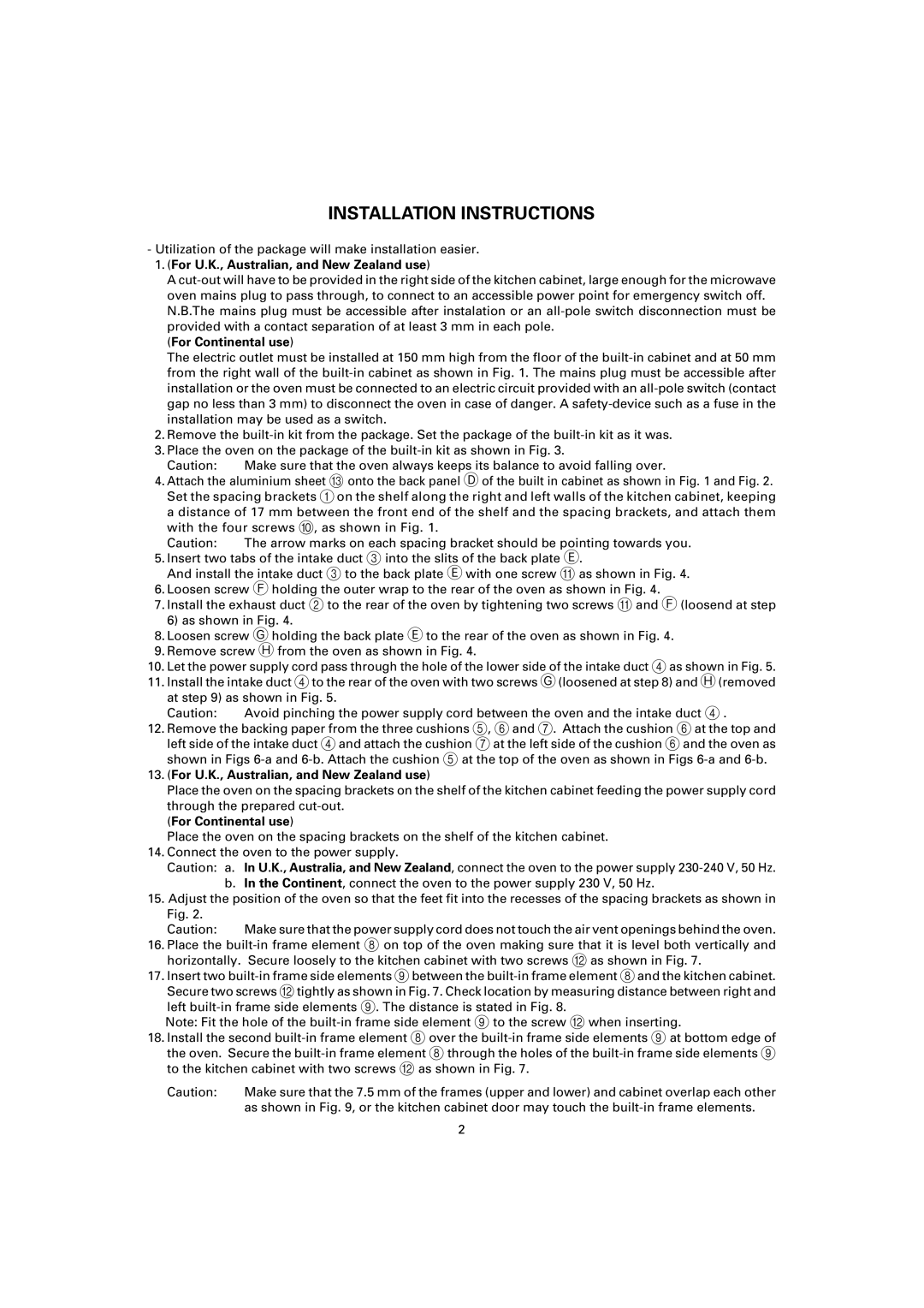 Sharp EBR-5000 dimensions Installation Instructions, For U.K., Australian, and New Zealand use, For Continental use 