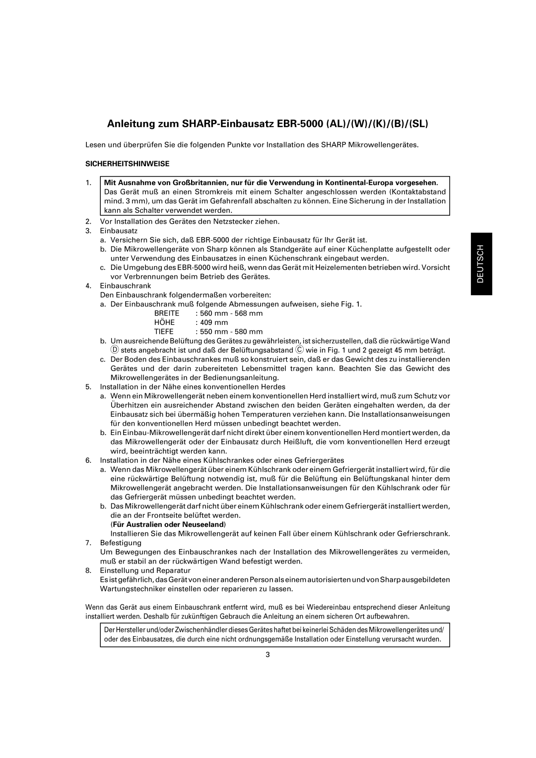 Sharp EBR-5000 dimensions Sicherheitshinweise, Breite, Höhe, Tiefe, Für Australien oder Neuseeland 