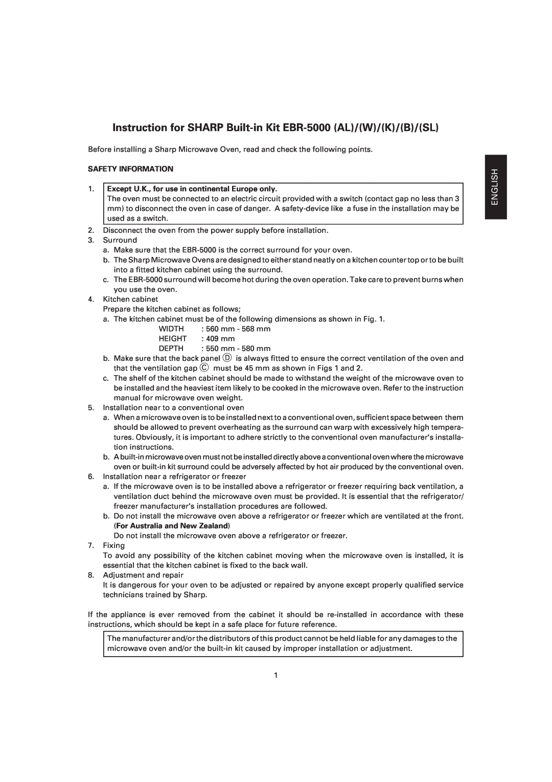 Sharp EBR-5000 dimensions English Deutsch Français Nederlands Italiano, Español, Safety Information 