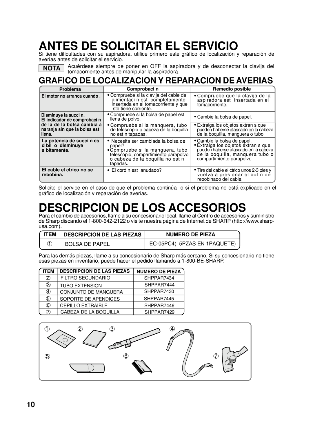 Sharp EC-6312P operation manual Antes DE Solicitar EL Servicio, Nota 