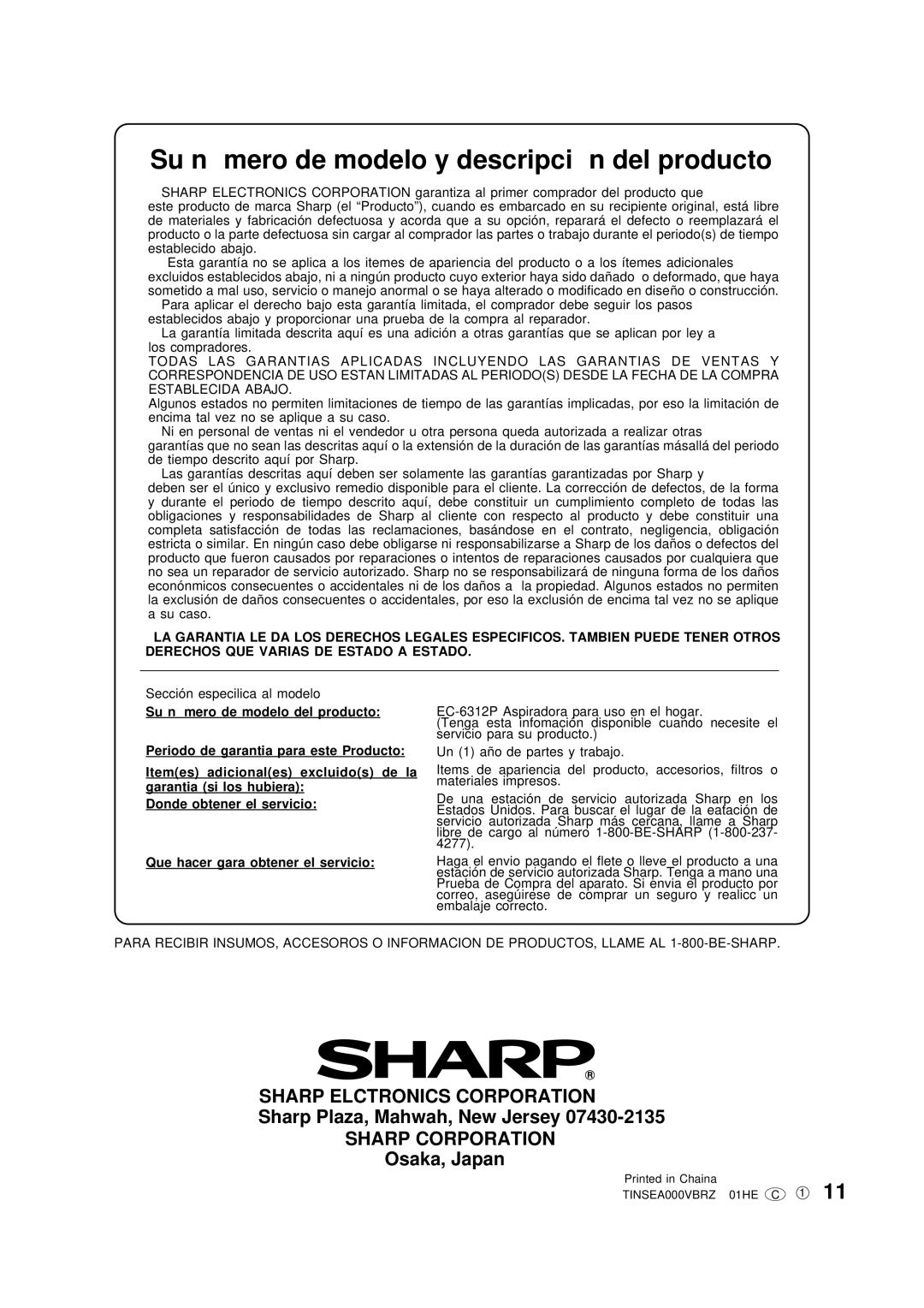 Sharp EC-6312P operation manual Su nú mero de modelo y descripció n del producto 