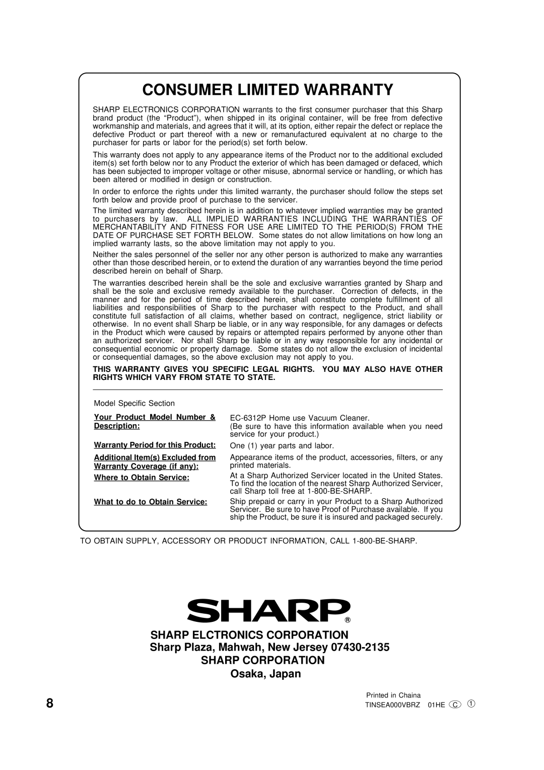 Sharp EC-6312P operation manual Sharp Elctronics Corporation, Sharp Corporation 