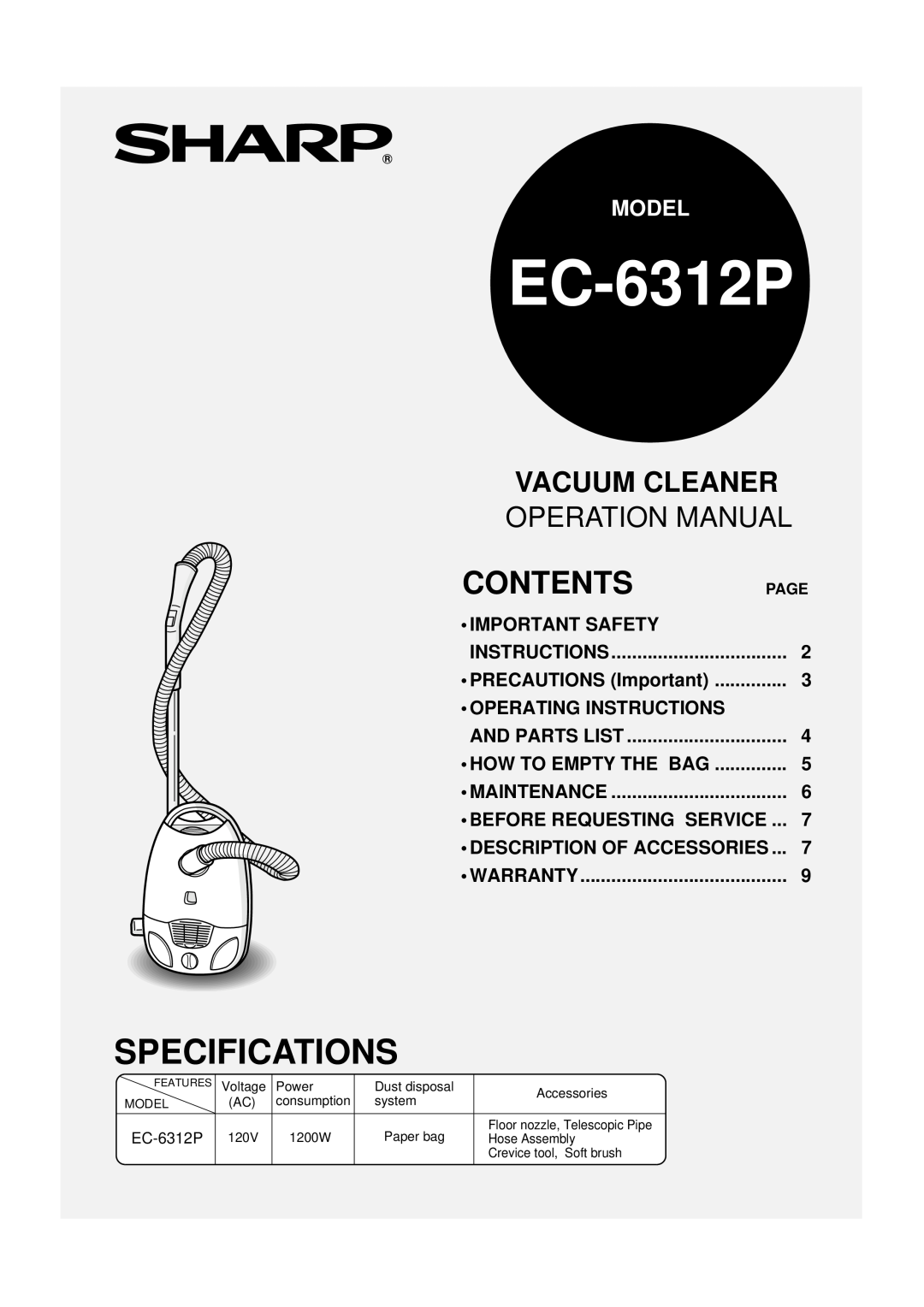 Sharp EC-6312P operation manual Specifications, Contents, Vacuum Cleaner, Model 
