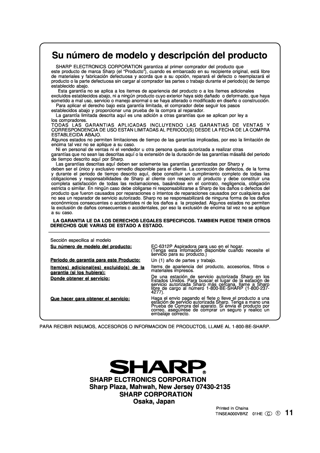 Sharp EC-6312P operation manual Su nú mero de modelo y descripció n del producto, Su nú mero de modelo del producto 