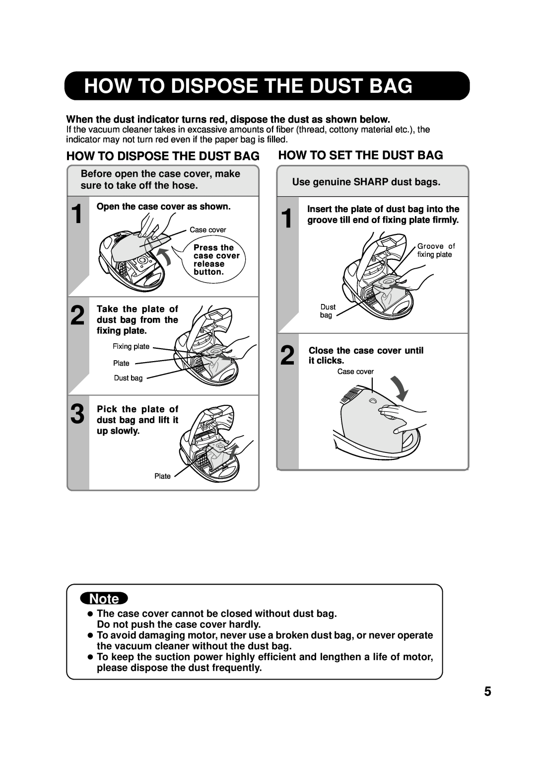 Sharp EC-6312P operation manual How To Dispose The Dust Bag, How To Set The Dust Bag 