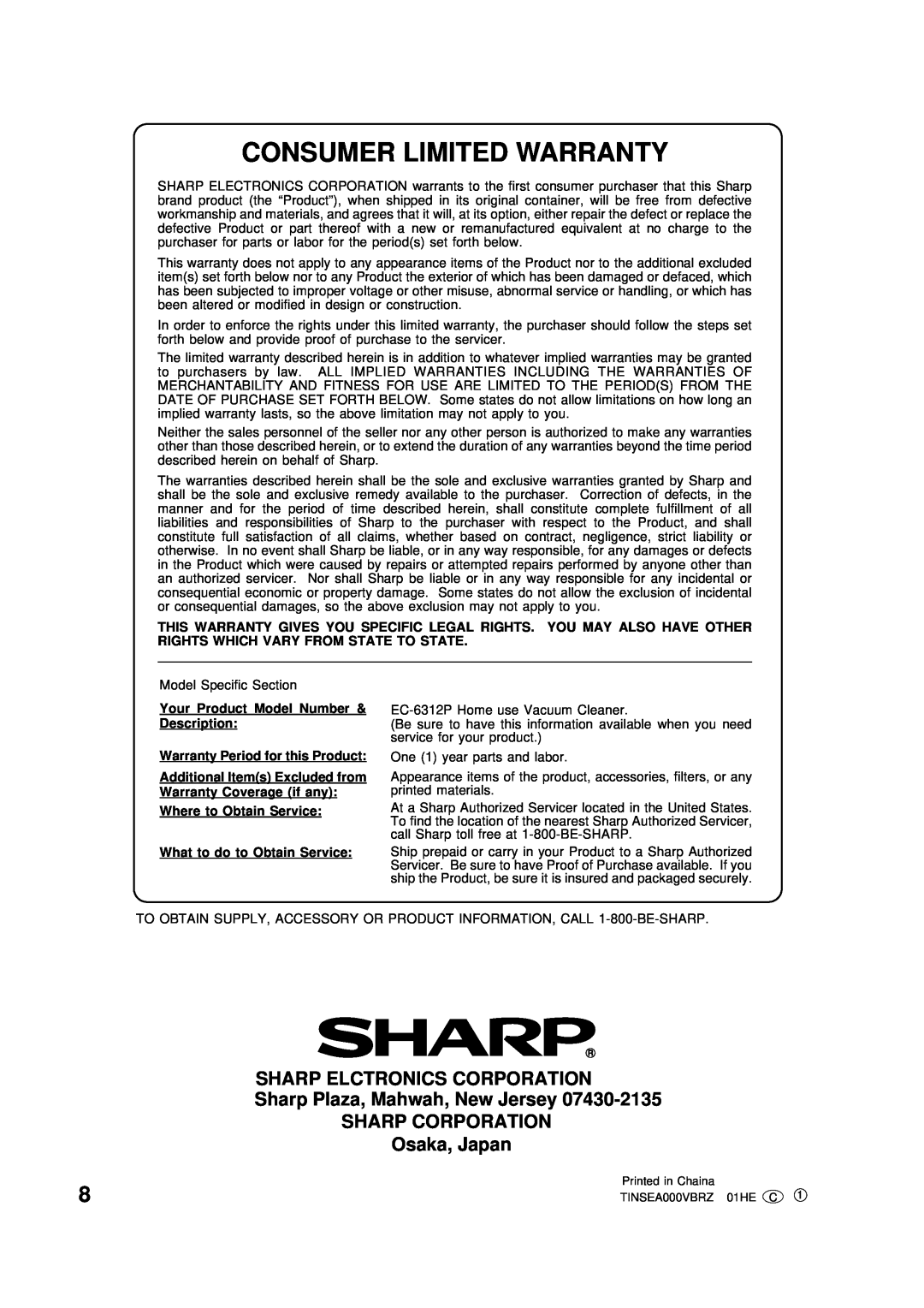 Sharp EC-6312P Consumer Limited Warranty, Your Product Model Number & Description, Warranty Period for this Product 