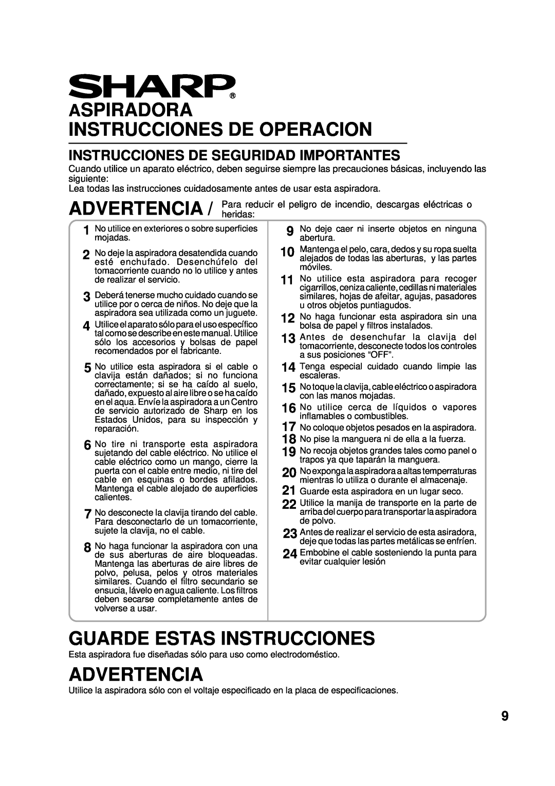 Sharp EC-6312P operation manual Aspiradora Instrucciones De Operacion, Guarde Estas Instrucciones, Advertencia 